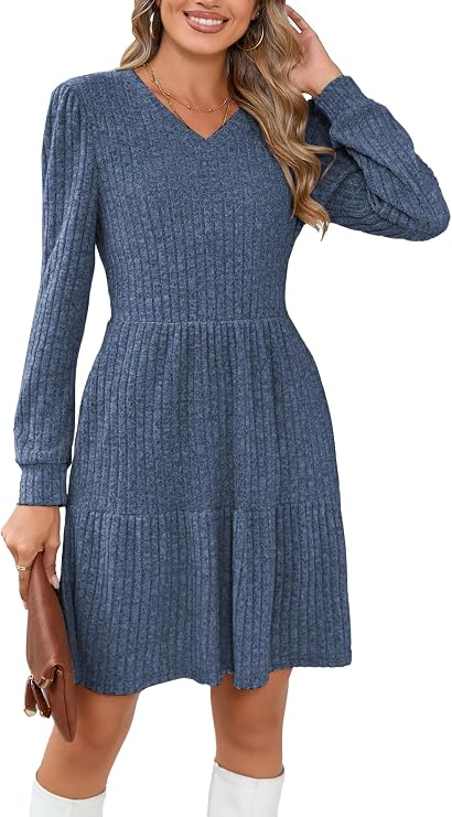 Famulily Vestido de punto para mujer, manga larga, cuello en V, para invierno, hasta la rodilla, con bolsillos