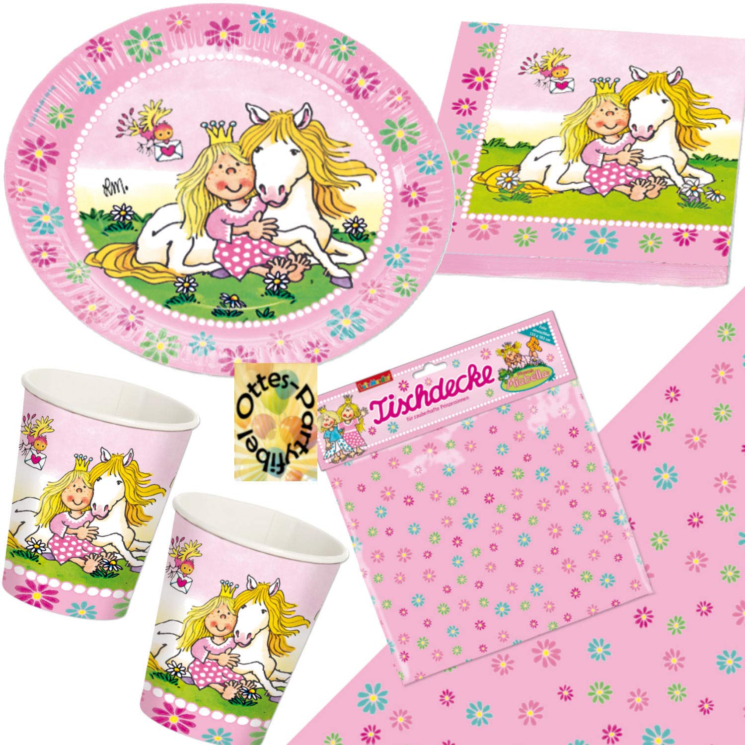 HHO Prinzessin Miabella mit Pferd Partyset 54tlg. für 16 Gäste Teller Becher Servietten 2 Tischdecken