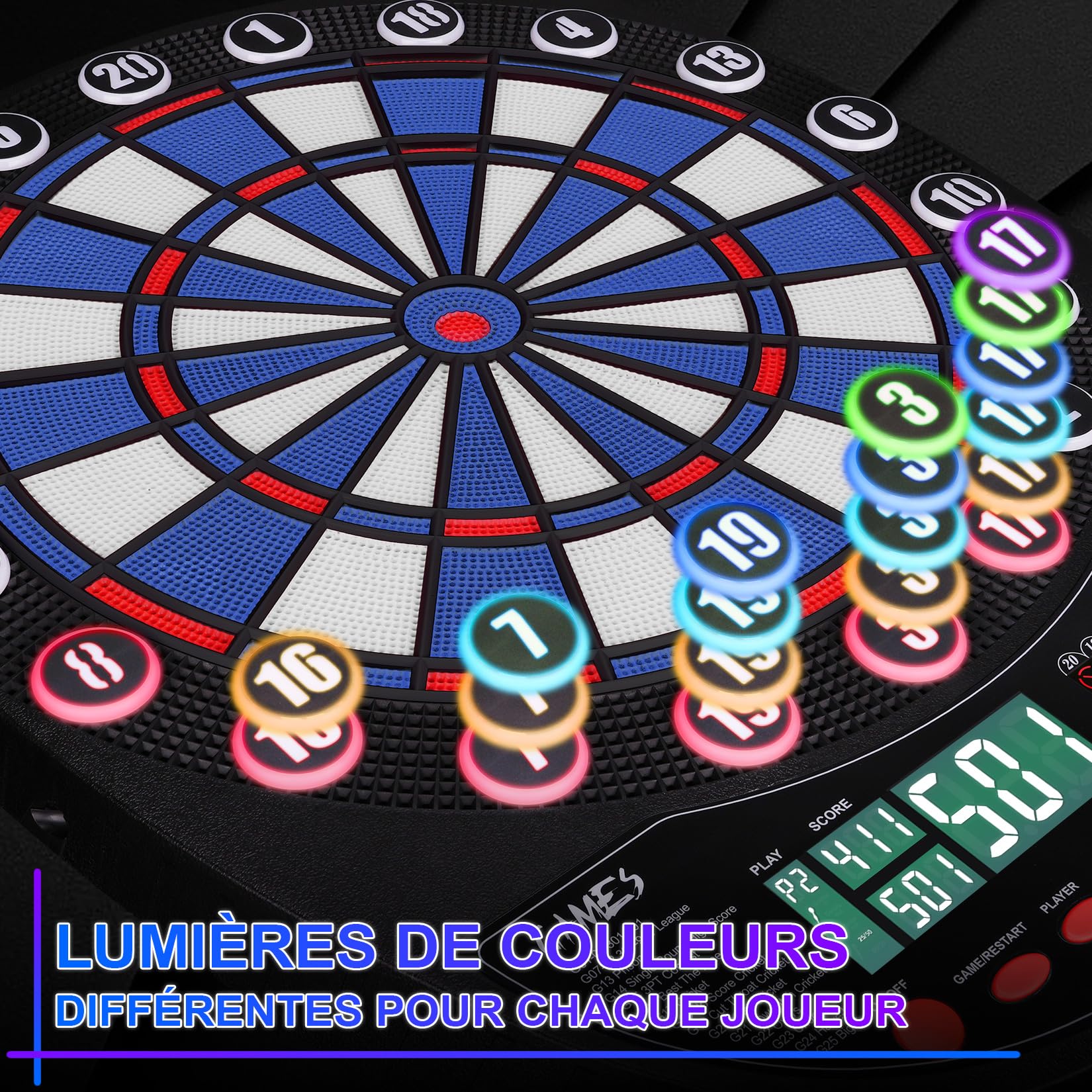 Cible de fléchettes électronique Professionnelle 34 Jeux avec 354 Variantes 3 Langues : Allemand, Anglais, français pour 1 à 8 Joueurs avec 12 fléchettes