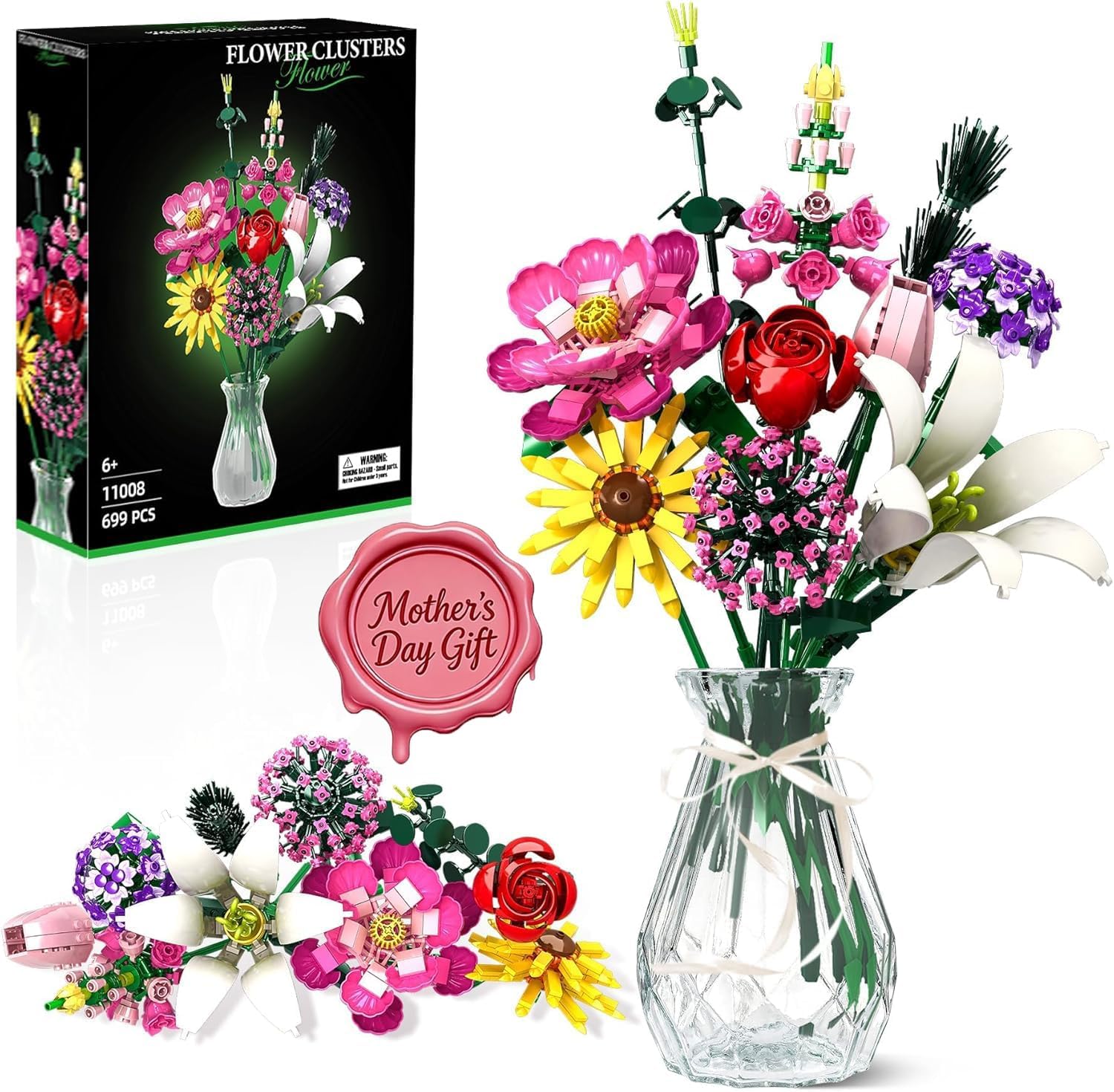 Mother's Day Flowers Bouquet Building Set, Flower Botanical Collection Building Kit Toys Office Home Decoration, Valentine Day, Birthday, Mother's Day, for Him and Her Kids Adults(No Vase)-699Pcs