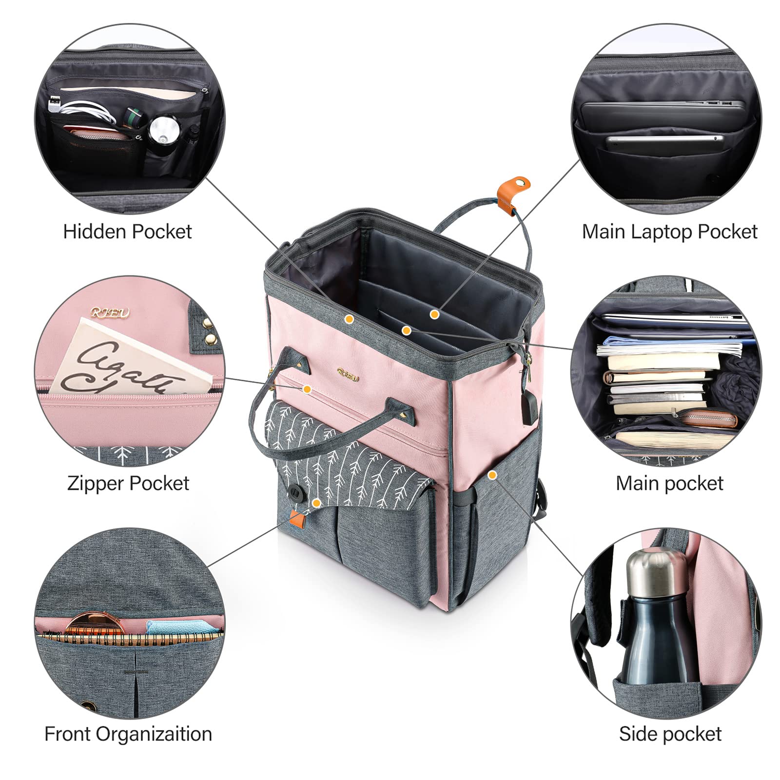 RJEU - Zaino da donna, per la scuola, per il tempo libero, per il lavoro, con scomparto per computer portatile e tasca antifurto, impermeabile