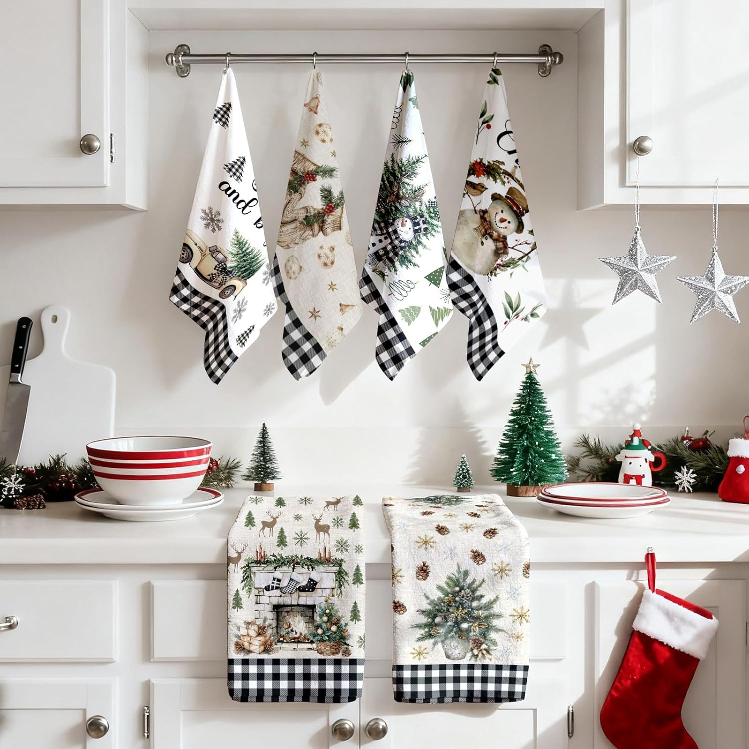 Green Xmas Christmas Kitchen Towels 6 Pcs, Christmas Hand Towel for Bathroom, Holiday Kitchen Towel, Snowman Tea Dish Towels, Snowflake Gloves Decor Gray Strips, Housewarming Gift, 17 X 26in - Image 7