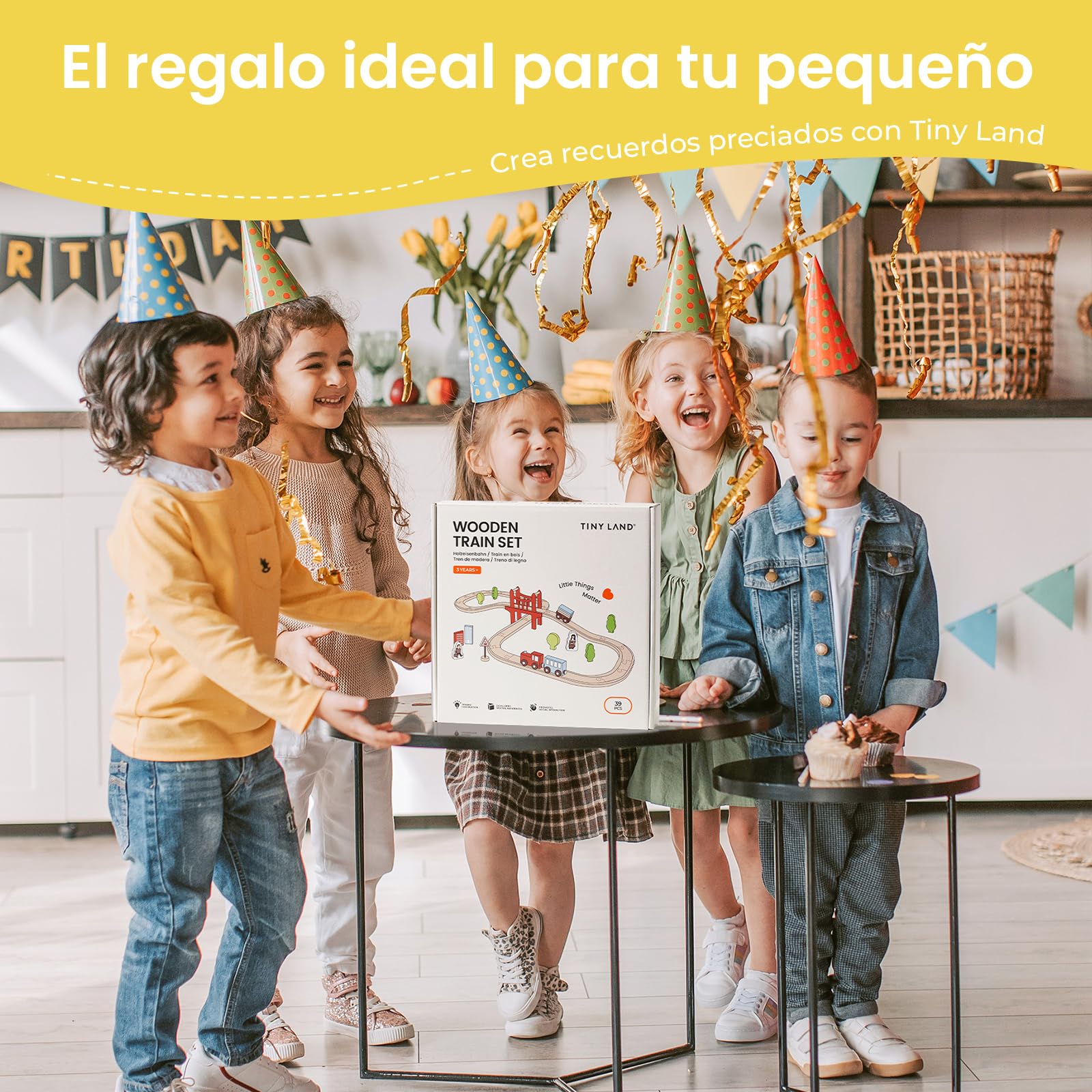 Tiny Land Tren Juguete, 39Pcs Trenes de Juguetes para Niños con Pistas de Madera, Compatible con Otras Marcas líderes, Intercambiable y Expandible, Kit de Ferrocarril de Juguete Empaquetado de Regalo
