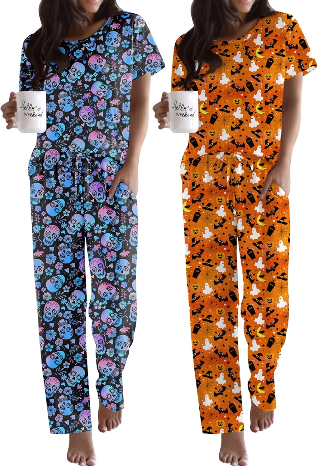 Ekouaer 2 Pack Pajamas for Women Set Short Sleeve Sleepwear Top and Pants Pjs Soft Printed Lounge Sets with Pockets