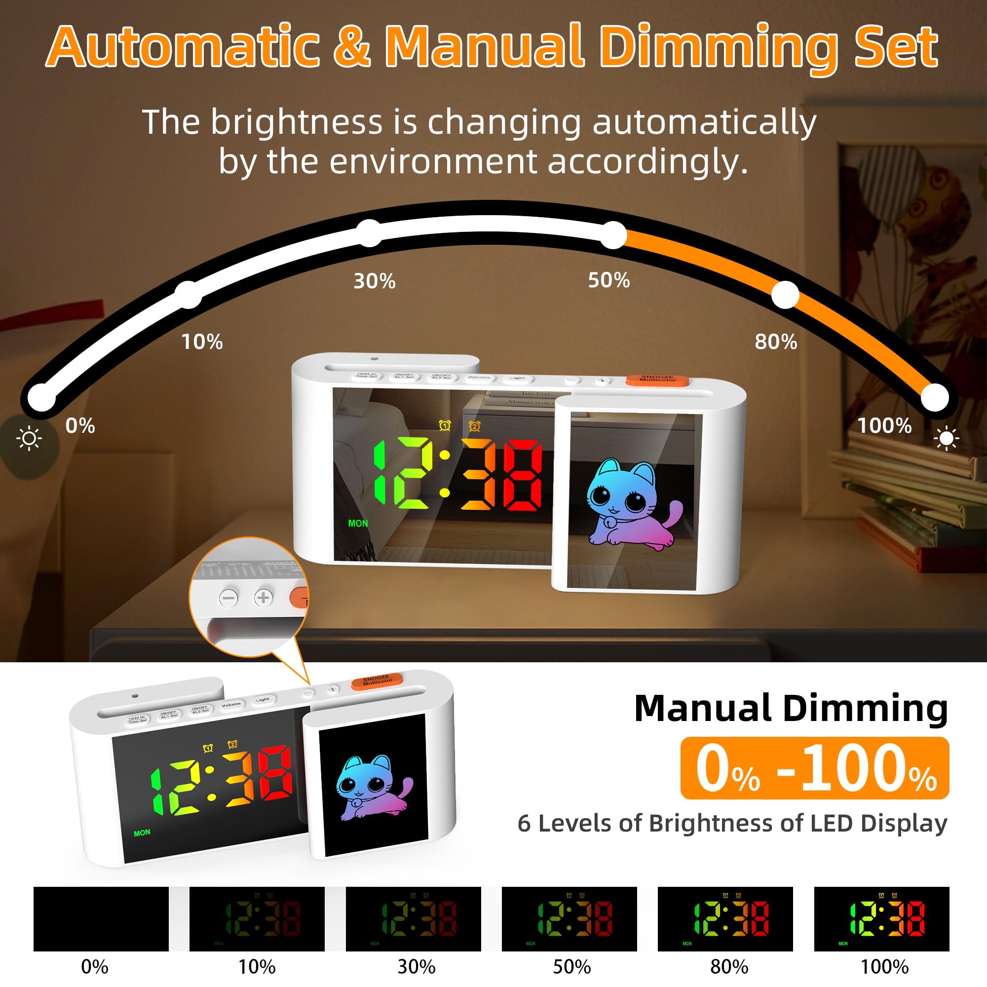 Sveglia RGB per Bambini - Schermo RGB con Luce Notturna a Disegno Animato - Doppia Allarme - Funzione Snooze - Regolatore di Volume - Visualizzazione della Settimana - Gatto Bianco