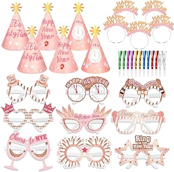 HOWAF 2026 News Years Eve Party Supplie, Happy New Year Headband Tiara, New Years Glasses 2026, New Years Top Hats, Fringe Noisemaker Blowout for New Year Eve Party Supplies Favors, Rose Gold