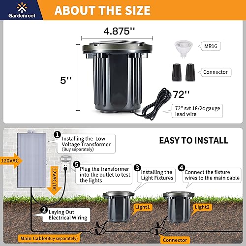 Miniatura 6 de Gardenreet Luces de latón macizo en tierra, luces LED de 12 V para exteriores con bombilla LED MR16 de 5 W, 2700 K, blanco cálido (parte superior