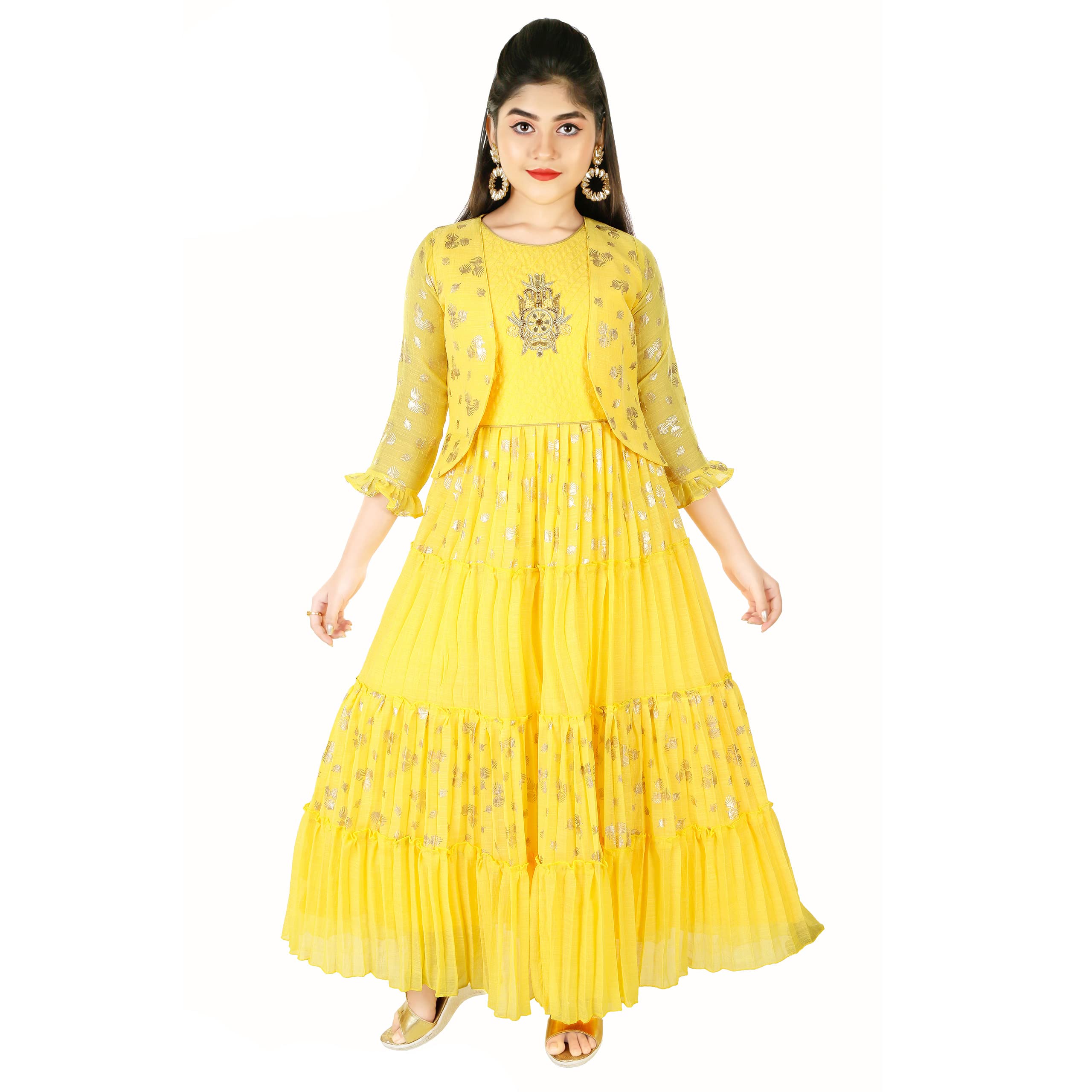 ethnicraze Indo-Western Printed Cotton Silk Pleated Layered Gown with Jacket-picture-45