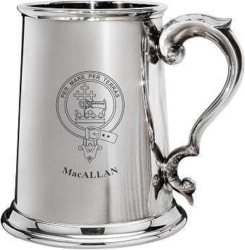 MacAllan Family Crest Polished Pewter 1 Pint Tankard with Scroll handle