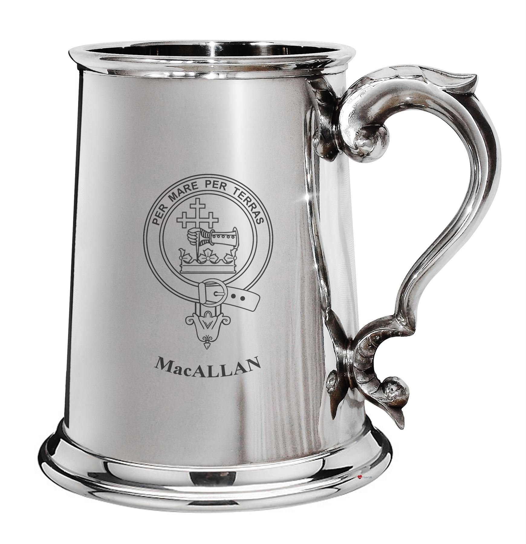 Jarra de cerveza MacAllan de peltre pulido con escudo familiar y mango de desfile elegante