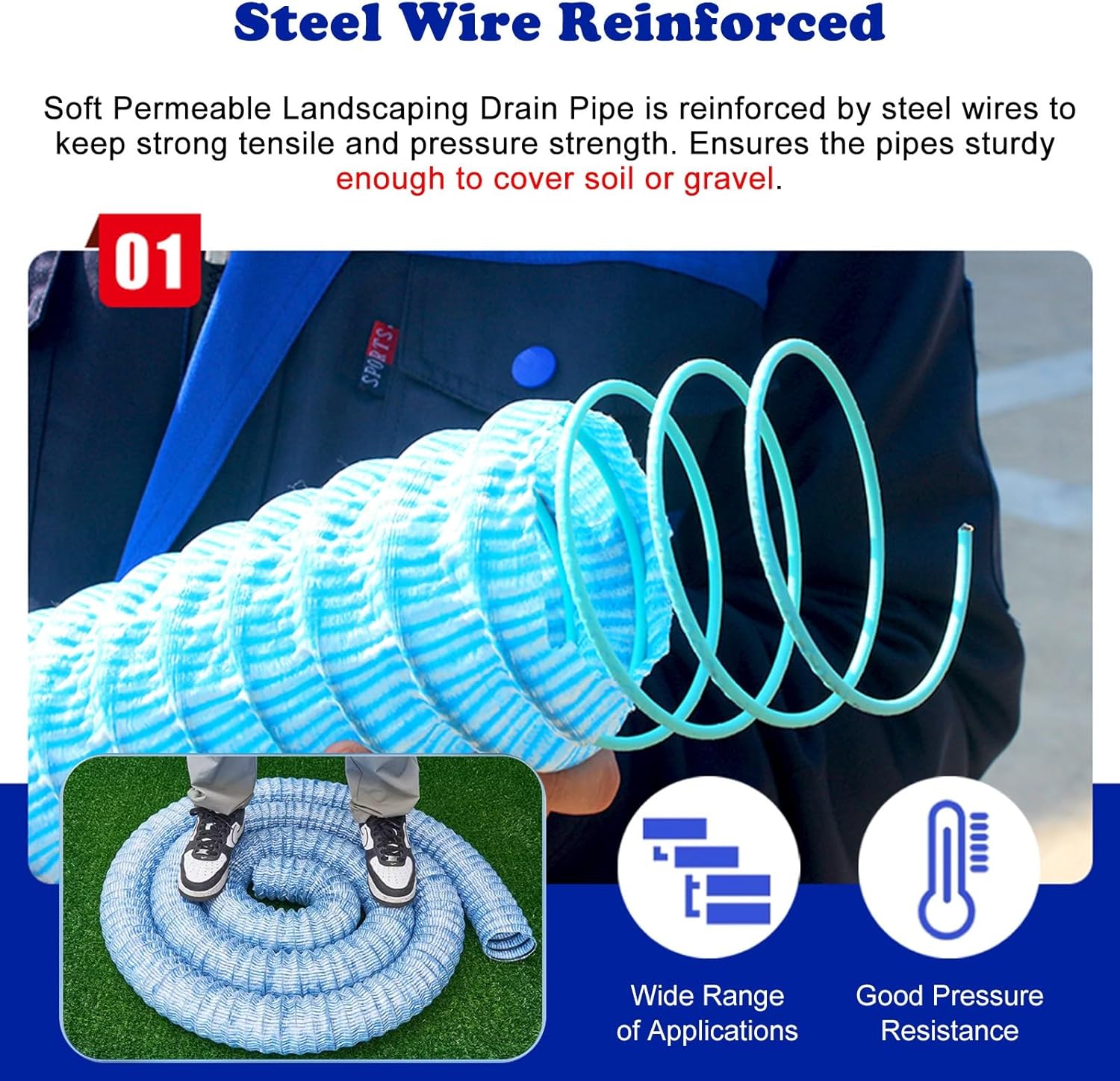 Perforated Land Drainage Pipe Irrigation Pipe, 8cm Thick Soft Infiltration French Drain System for Outdoor Yard/Lawn/Patio/Landscape, Underground Drain Tube(L 3m(9.8ft))