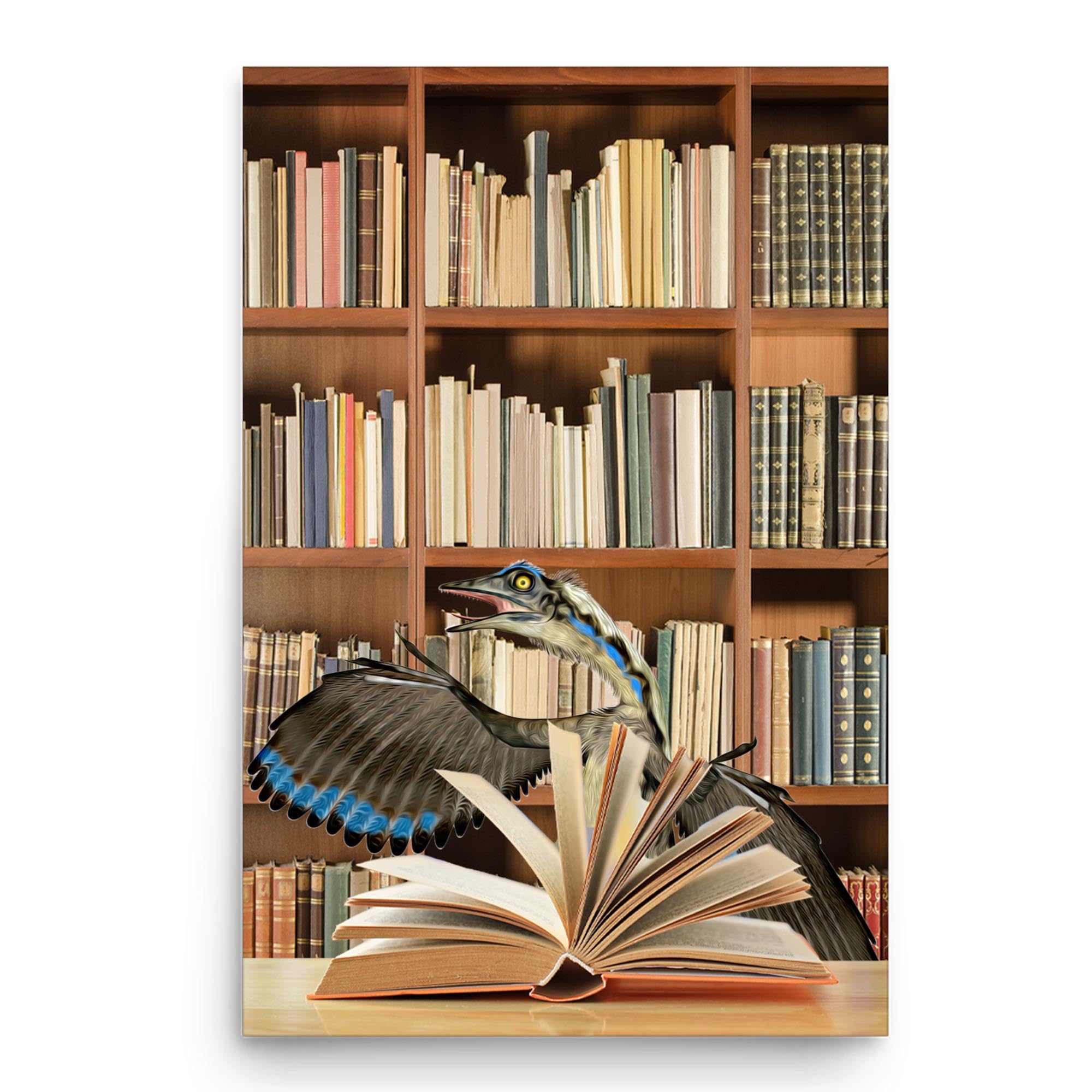 Funny Archaeopteryx Dinosaur Reading A Book Wall Art Poster - Animal Portrait Library Decor Gifts for Archaeopteryx Love