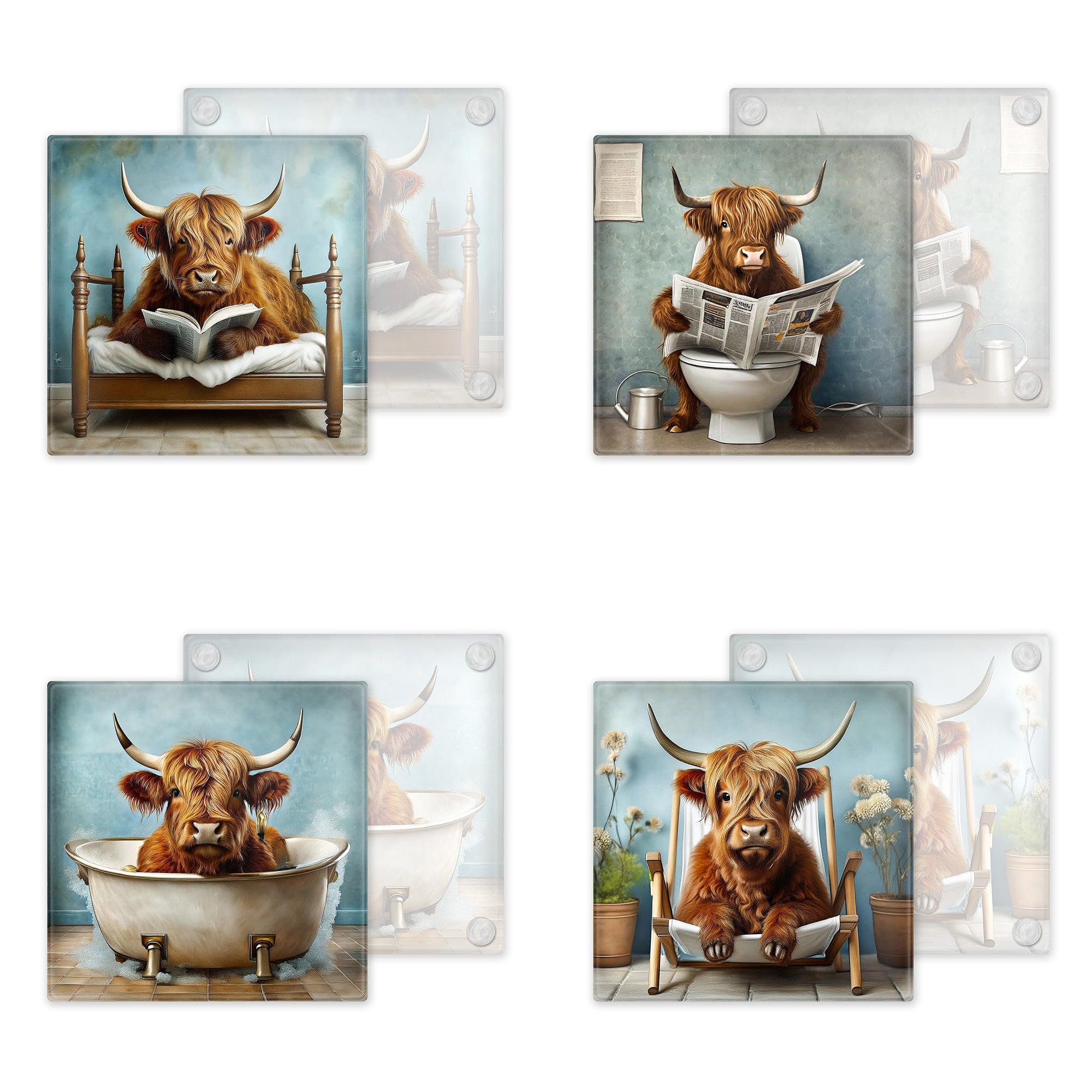 Dessous de verre aquarelle Highland | Cadeau original lot de 4