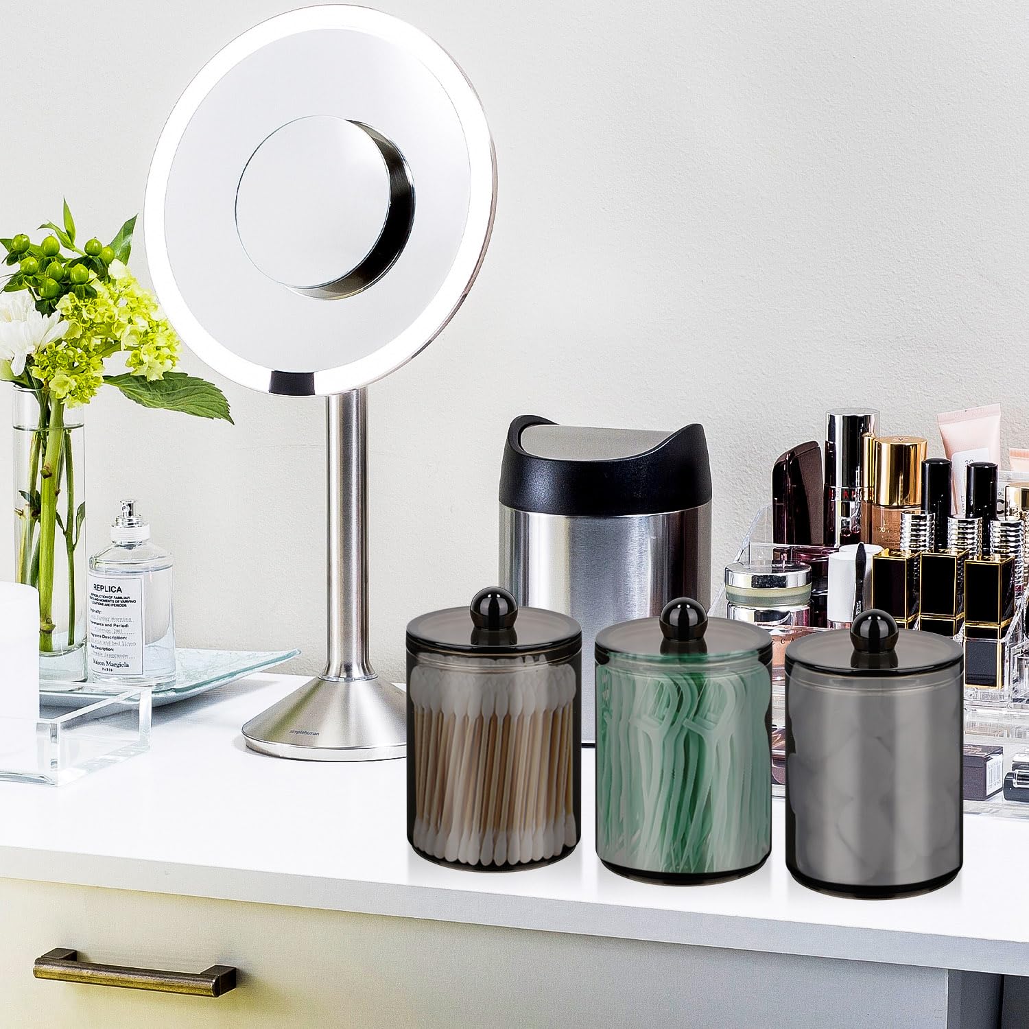 Dispensador de almohadillas redondas, organizador de cosméticos, 3 soportes para bastoncillos de algodón