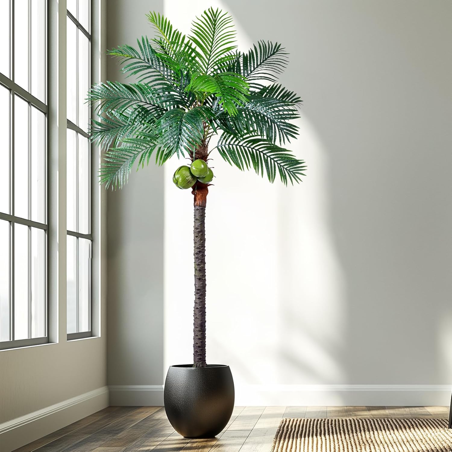 Erimda 30-Year Factory Faux Coconut Tree - 8.2FT Faux Palm Tree Realistic Thick Trunk & Heavy Duty Leaves, Hand-Carved Bark Texture, Indoor Tropical Decor for Living Room/Store, No Shiny Plastic Look 8.2FT Palm Tree