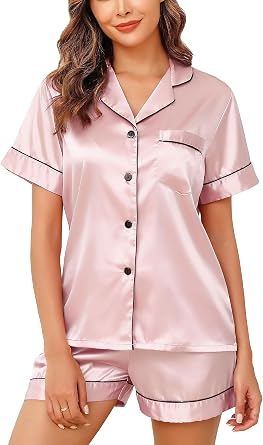 Vlazom Pyjamas for Women, Soft Satin Pjs Set Two Piece Silk Pyjamas for Ladies Button Down Sleepwear Loungewear 6-24 UK Size