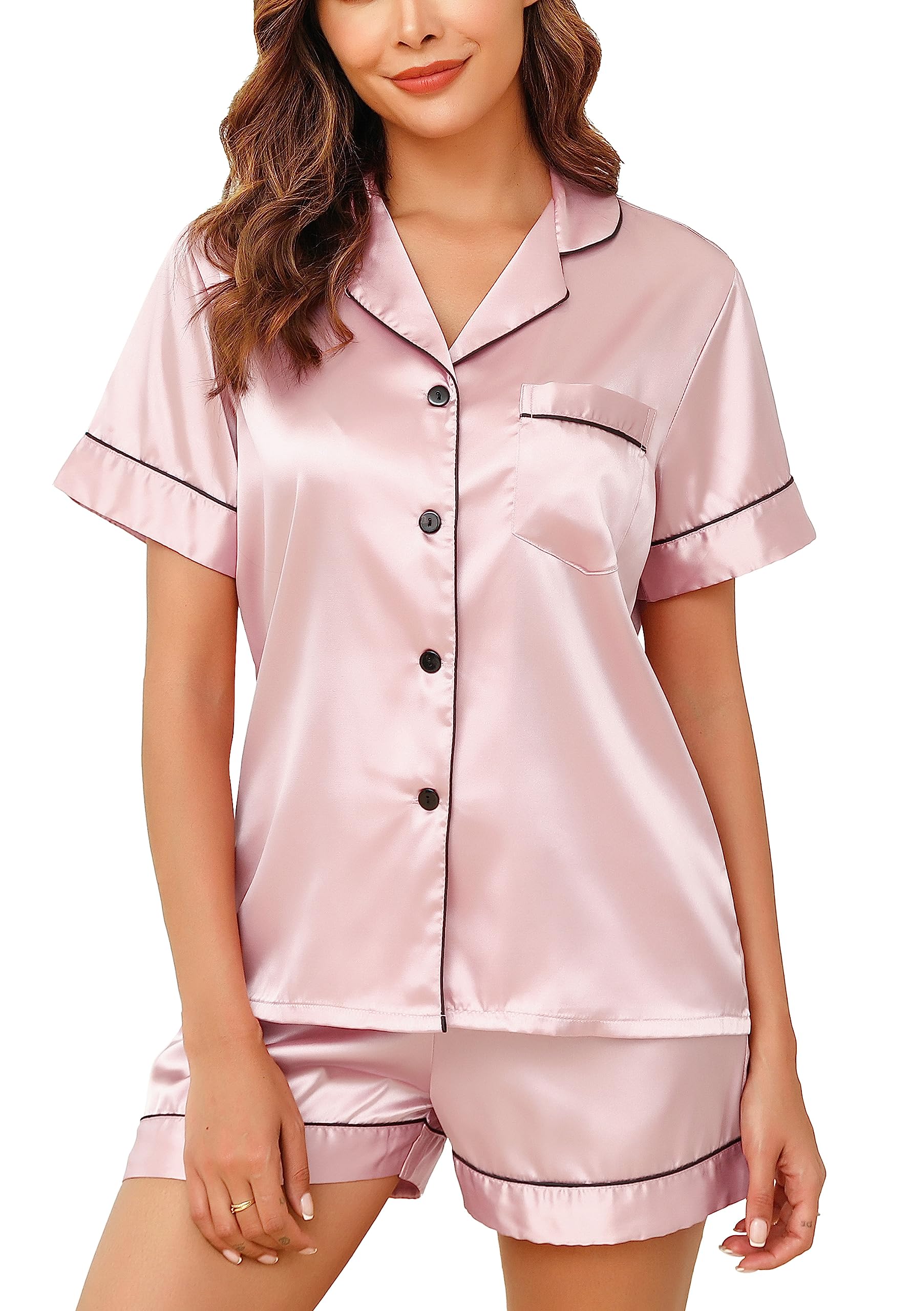 Lovasy Satin Schlafanzug Damen Kurz Kurzarm Pyjamas Set mit Knöpfen Seiden Nachtwäsche V-Ausschnitt Zweiteiliger Pjs Sets Hausanzug