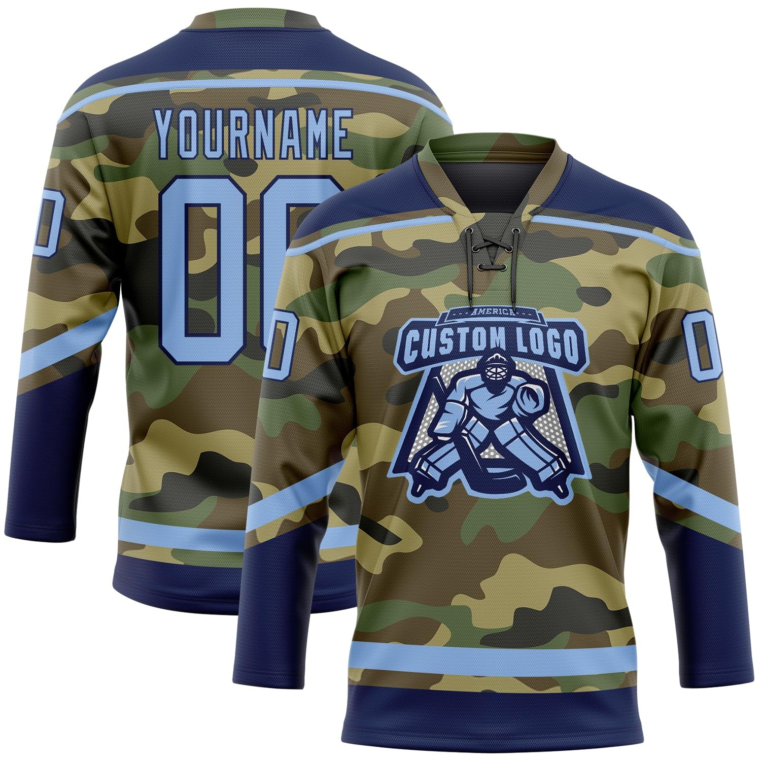 Custom Camo Light Blue-Navy Hockey Lace Neck Jersey, Hockey Practice Jersey, Jerseys for Men, Custom Hockey Jerseys for Men, Hockey Team Jerseys for Men, Hockey Jersey, Hockey Jerseys for Men