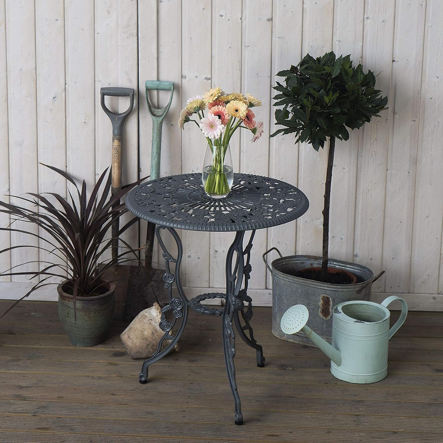 Lazy Susan London Rose Round Bistro Table | Cast Aluminium Garden Table | Weatherproof | Maintenance Free | 3 Year Guarantee | Slate Grey Finish