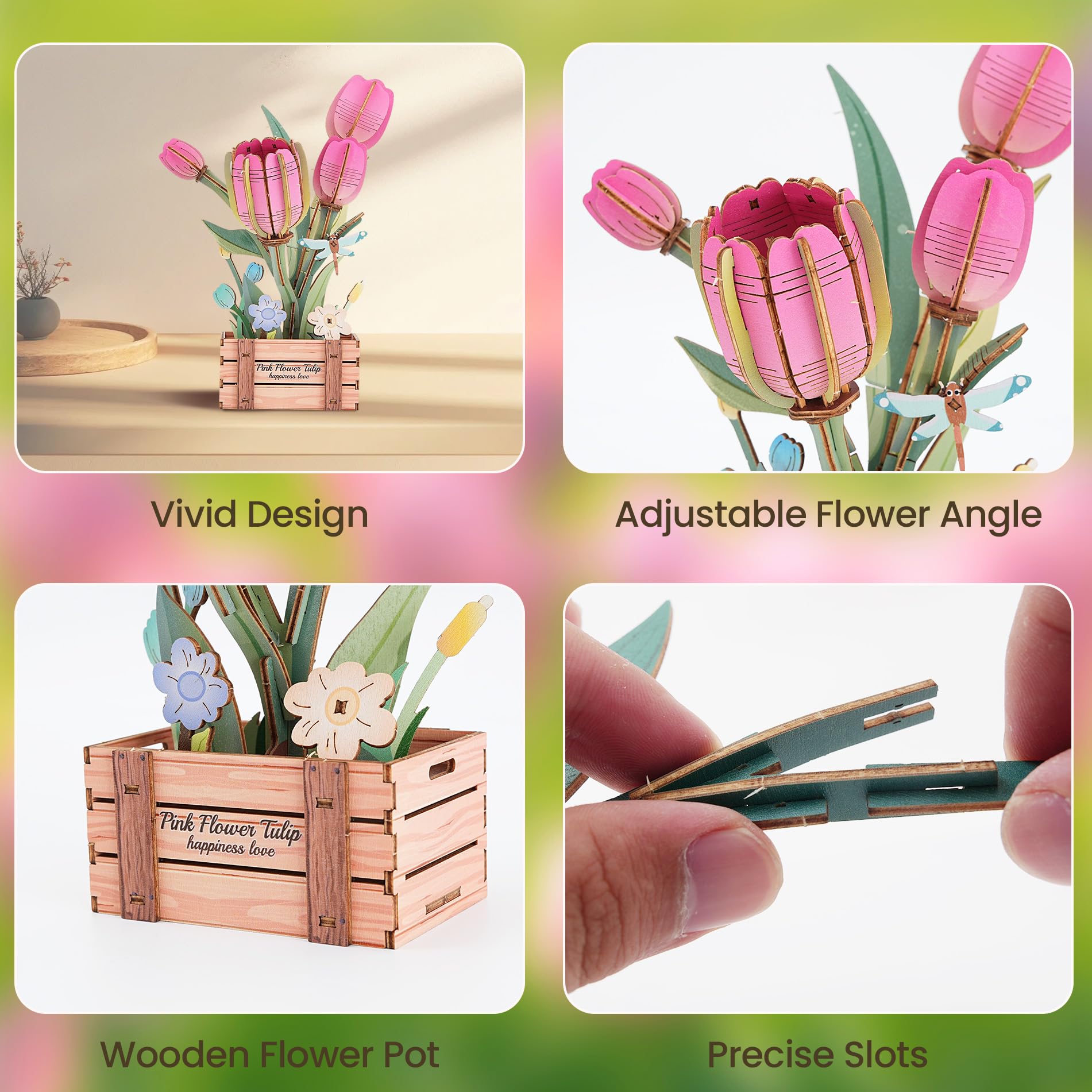 Set di Puzzle 3D, Fiore Fai-da-Te in Legno, Set di Modelli per Fiori Artificiali da Assemblare per Adulti, Miglior Set di Decorazioni per la Casa e Giocattolo Regalo di San Valentino (Tulip)