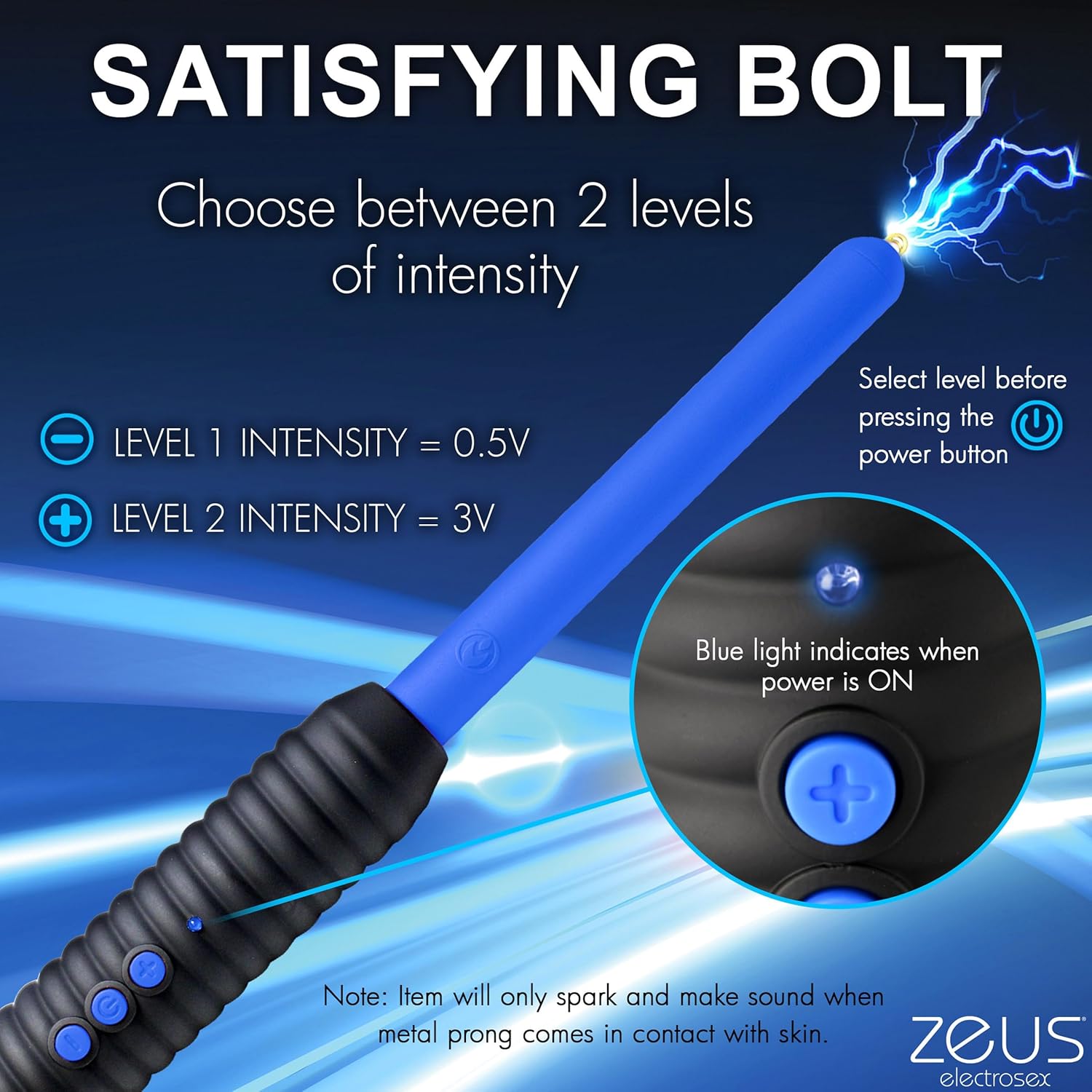 ZEUS ELECTROSEX Shock Rod E-Stim Zapping Wand for Men, Women, & Couples. Two Level of Pinpoint Shock, Easy Grip Handle, Sensory Play, 1 Piece, Blue.