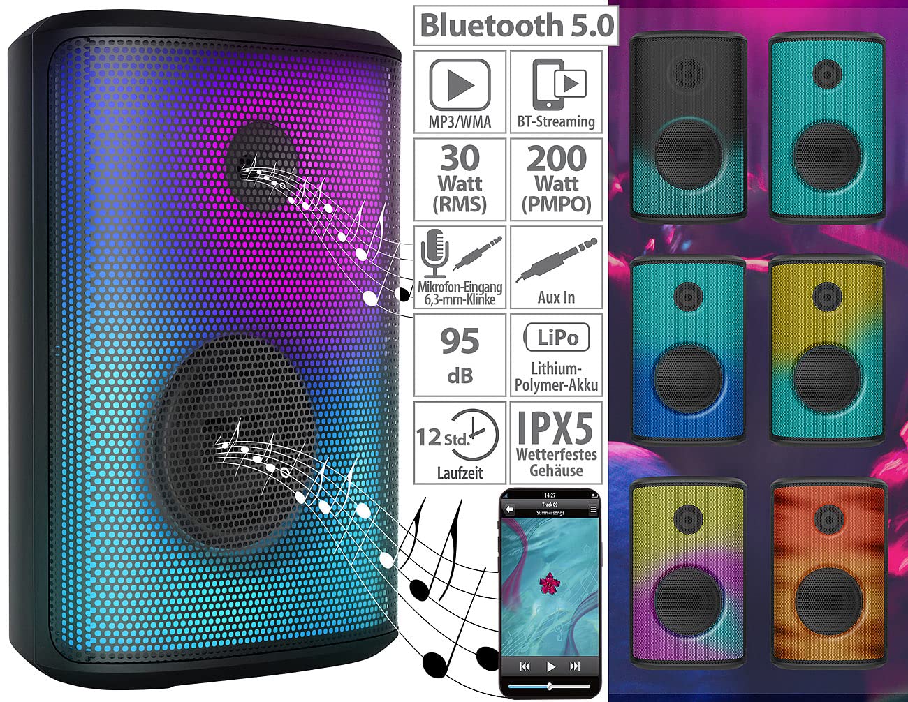 auvisio Musikbox: Mobile Outdoor-PA-Partyanlage & -Bluetooth-Boombox, Lichteffekte, 200W (Karaoke Box, Karaoke Maschine, DJ)