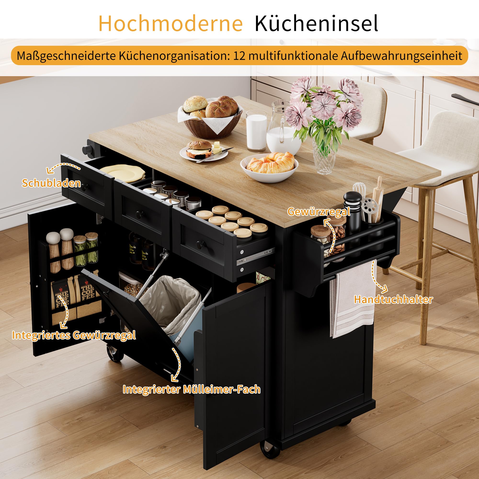 Desserte de Cuisine à roulettes Îlot Central avec Plan de Travail Pliable,2 Portes avec Rangement,3 Tiroirs,poubelle et Étagères Réglables pour Cuisine ou Salle à Manger (Noir-01B-2026, 131X46X93cm)