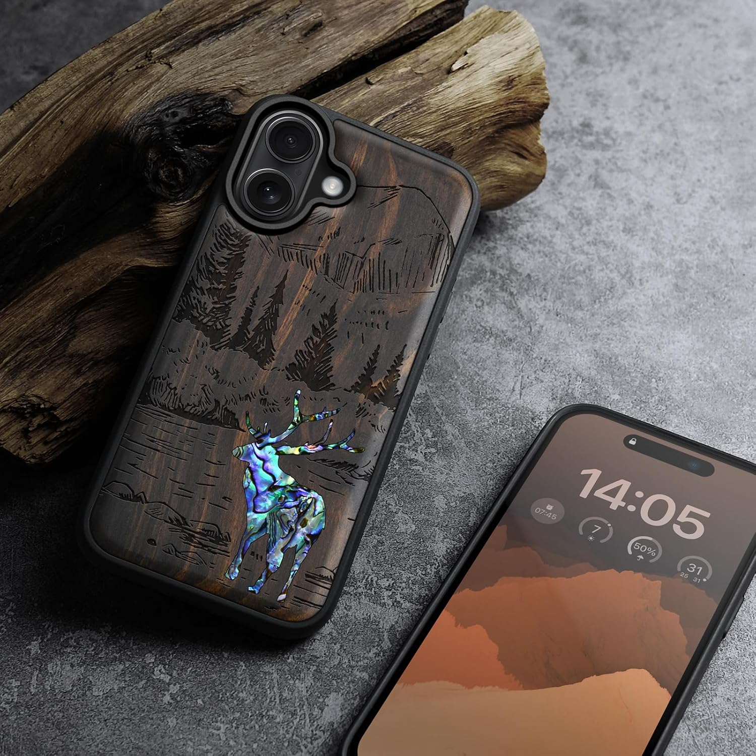 Carveit Magnetic Wooden Case for iPhone 16 Case, Wood Artisan Engraved & Handmade Shell Inlaid, TPU Shockproof Cover, Compatible with MagSafe Wireless Chargers (Forest Deer) Blackwood