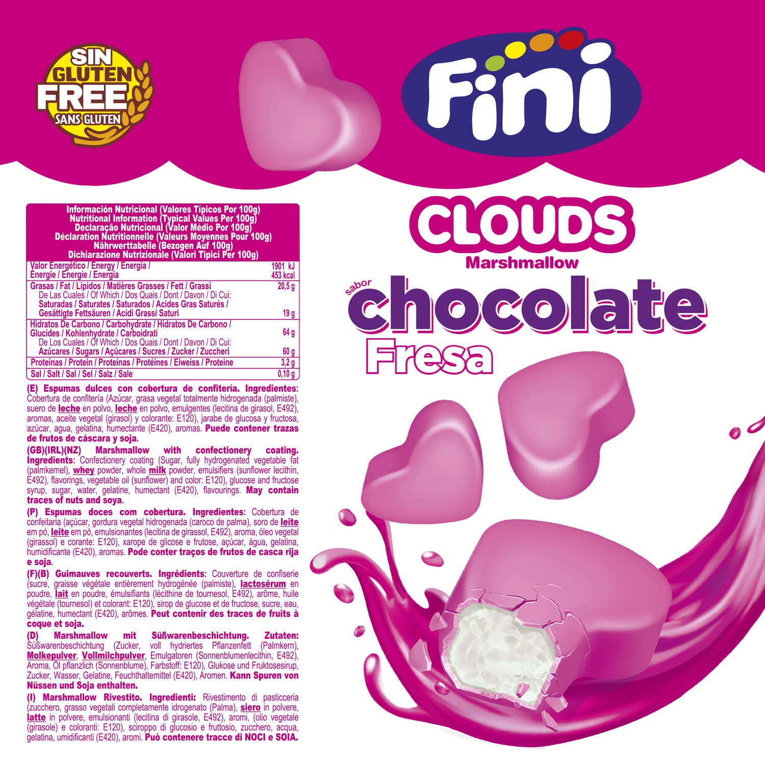 Fini Clouds Corazones de Fresa 80 g Espumas dulces Sin Gluten