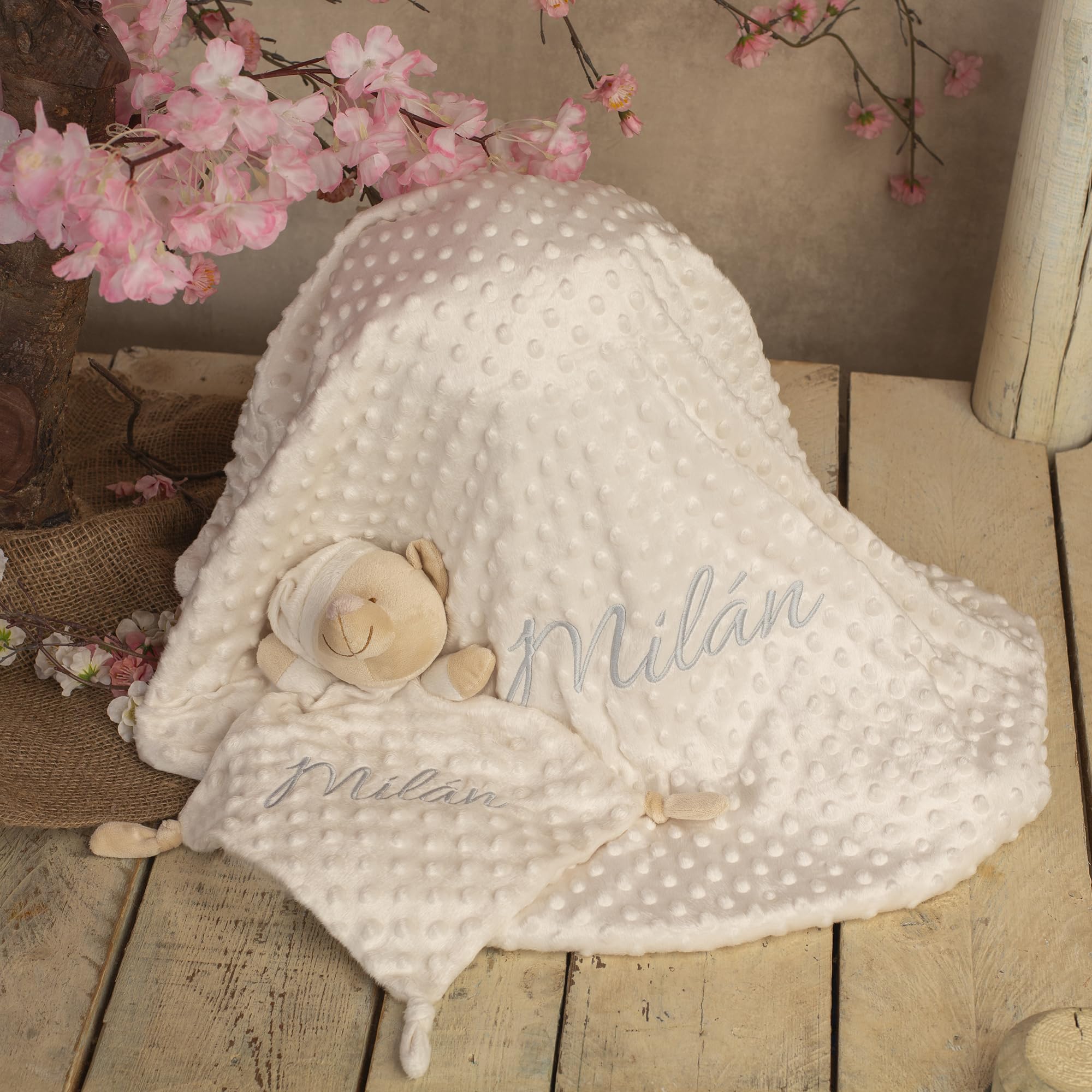 variouss Coperta per neonati personalizzata con nome ricamato, pile ultra morbido con piumone, regalo di nascita, battesimo, baby shower, ragazza e ragazzo (coperta + doudou)