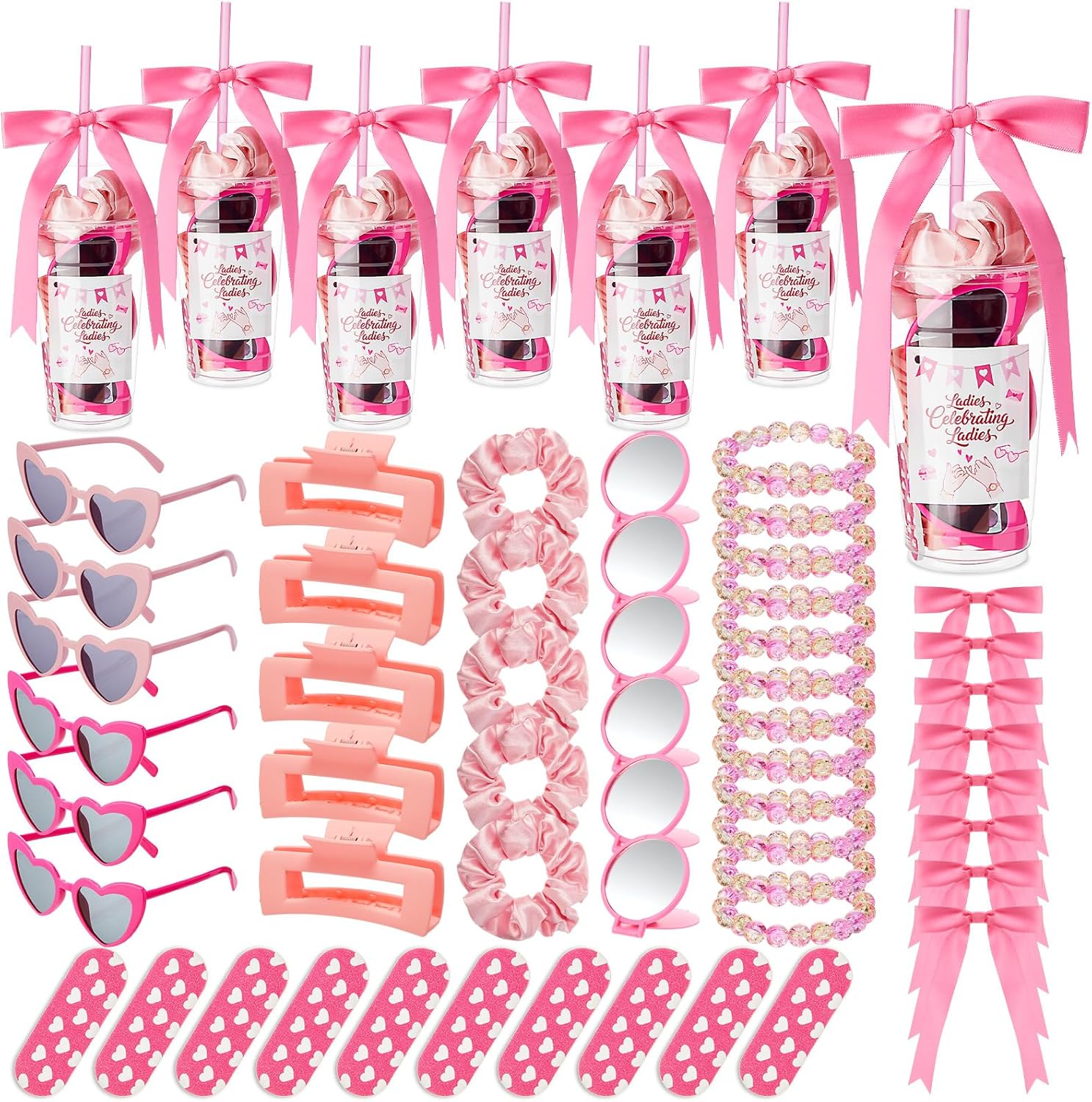 60 Pcs Galentine's Day Gift Include Pink Scrunchies Hair Clips Heart Sunglasses Bracelets Compact Mirrors Nail File Gift Cups and Straw Greeting Cards for Women Friend Bestie Valentine Party Favors