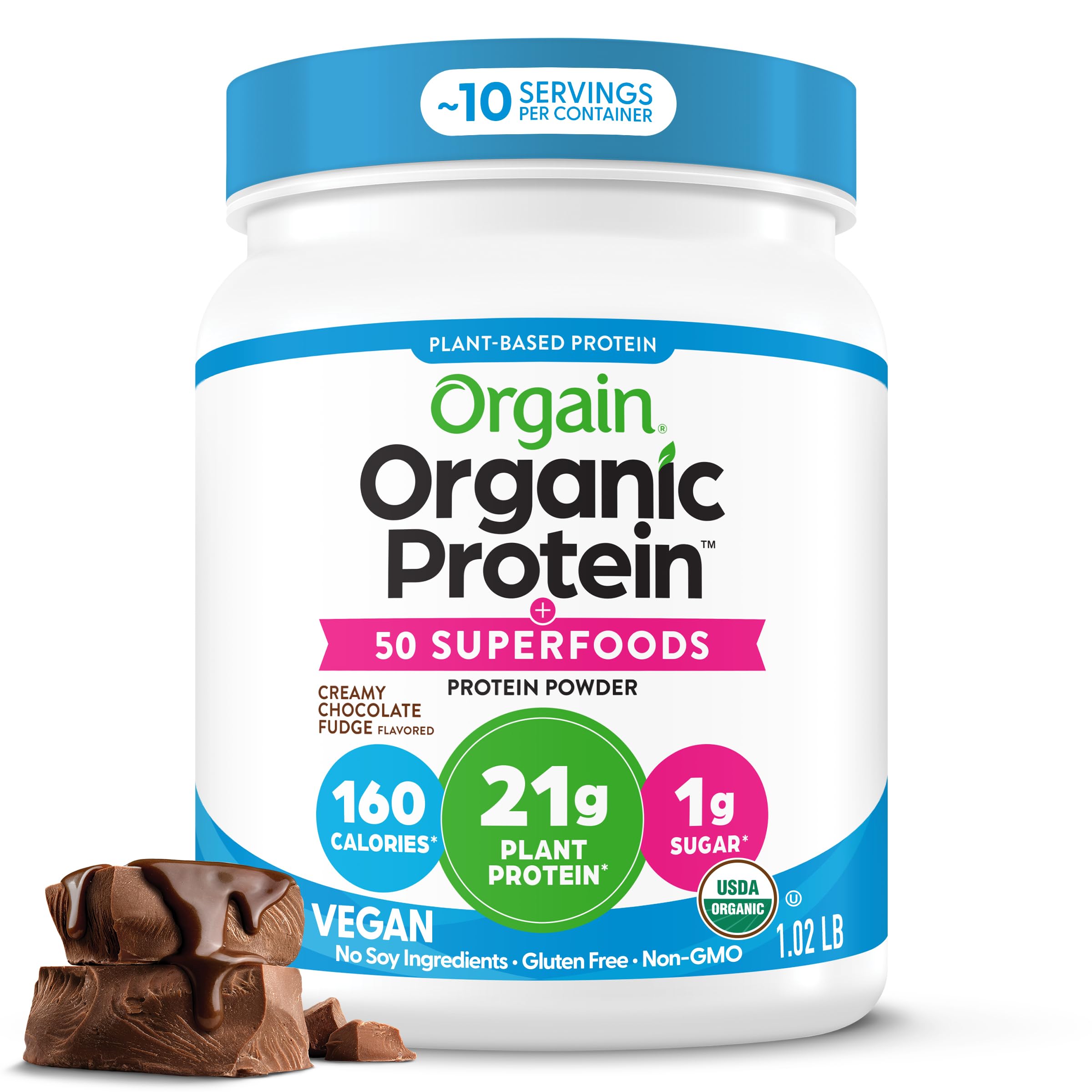 Orgain Organic Vegan 21g Protein + Superfoods Powder, Chocolate, 1.12lb