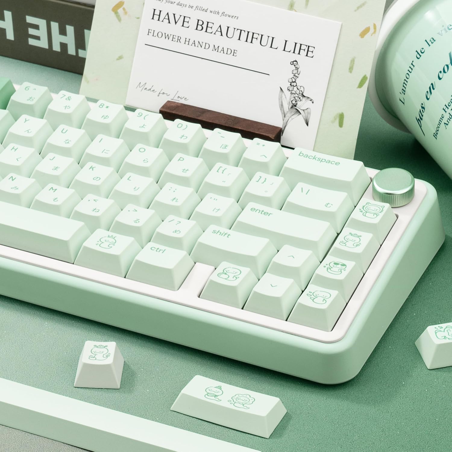 134 Keys Gradient Green PBT Keycaps - 5-Side Dye-Sublimation Cute Snake Elements, Japanese Root Characters, Cherry Profile Keycaps Set for Mechanical Keyboard (60/65/75/80/100 Layouts)
