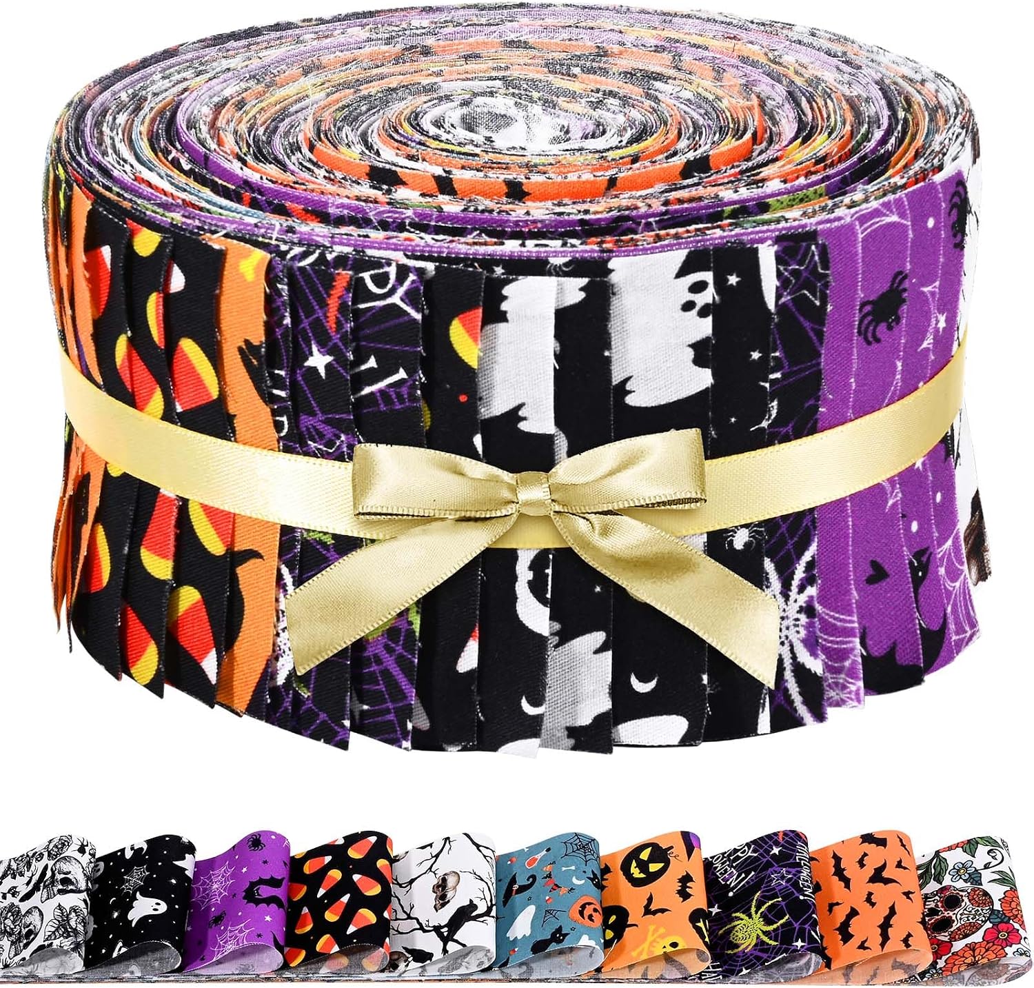 40 Pcs Cotton Fabric Strips Roll for Quilting Crafting 40 x 2.6 Inch Quilting Ghost Skull Pumpkin Candy Spider Bat Precut Patchwork for Sewing DIY Crafts Cotton Fabric Bundles