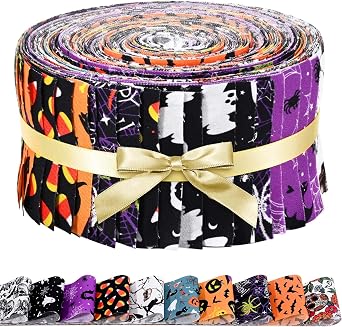 40 Pcs Halloween Fabric Strips Roll for Quilting Crafting 40 x 2.6 Inch Quilting Ghost Skull Pumpkin Candy Spider Bat Precut Patchwork for Sewing DIY Crafts Cotton Fabric Bundles