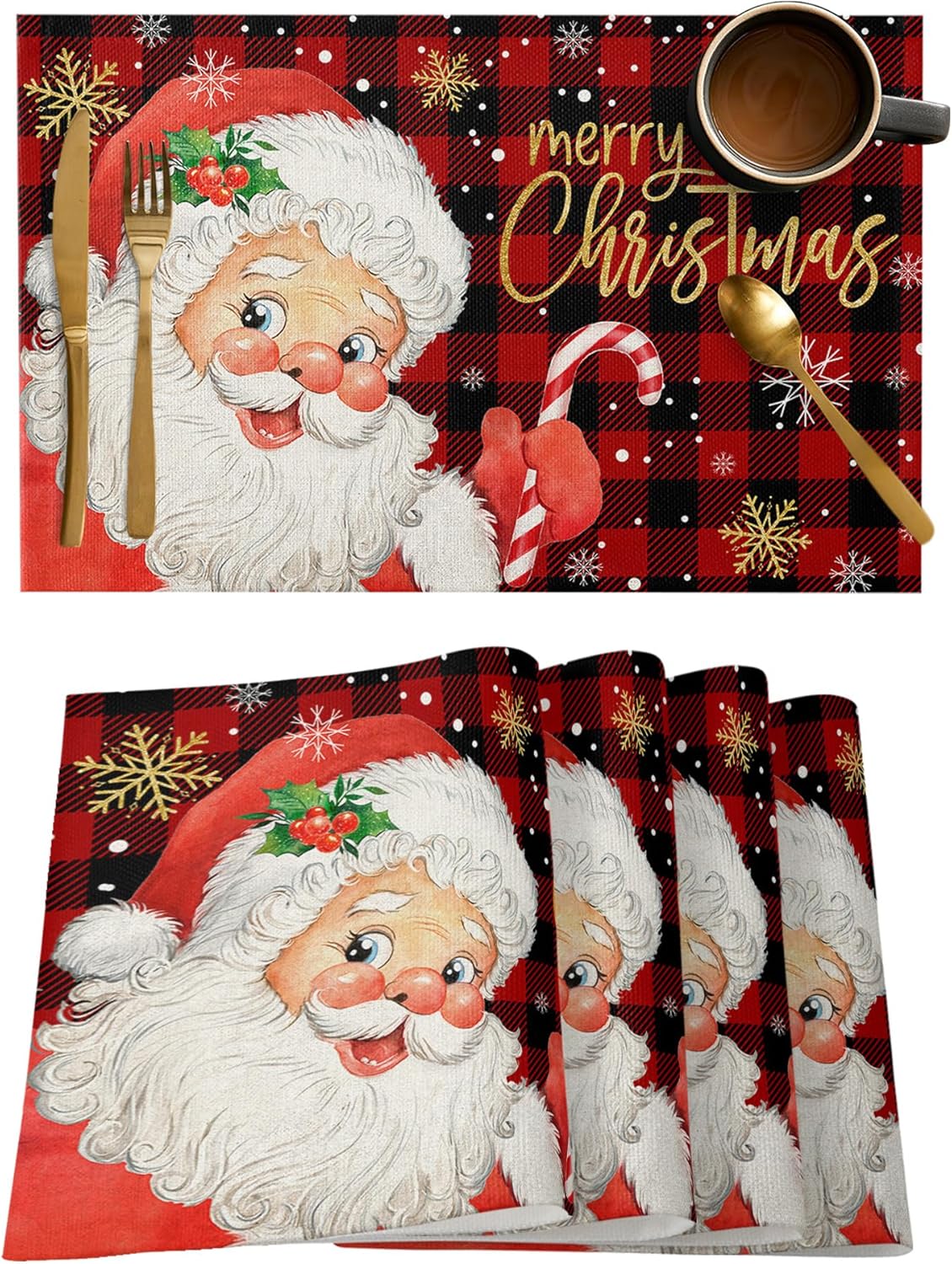 Christmas Placemats Set of 4, Snowflake Santa Claus Placemat for Dining Table Decorations, Cotton Linen Red Buffalo Plaid Place Mats, Xmas Table Mats for Kitchen Dinner Holiday Party Decor Gift