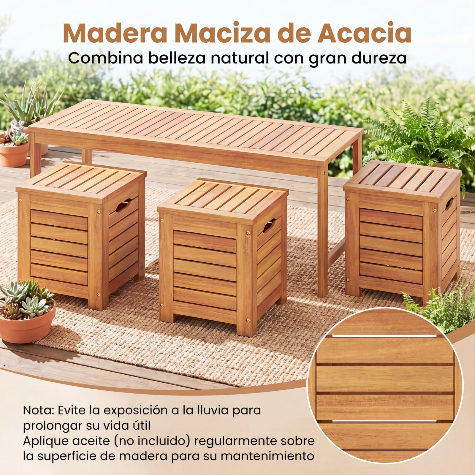 COSTWAY Banco Jardín de Madera Acacia con 3 Cajas de Almacenamiento, Banco Exterior sin Respaldo con Listones, Cajas de Tapa, Terraza Porche Balcón Piscina, 115 x 45 x 46 cm