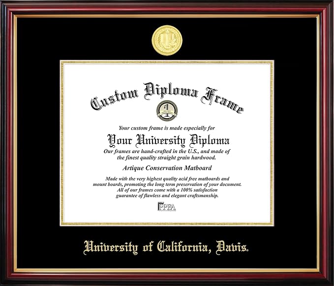 UC Davis Petite Diploma Frame – Mahogany With Gold Trim, Handcrafted USA, Fits 11x8.5" Diplomas