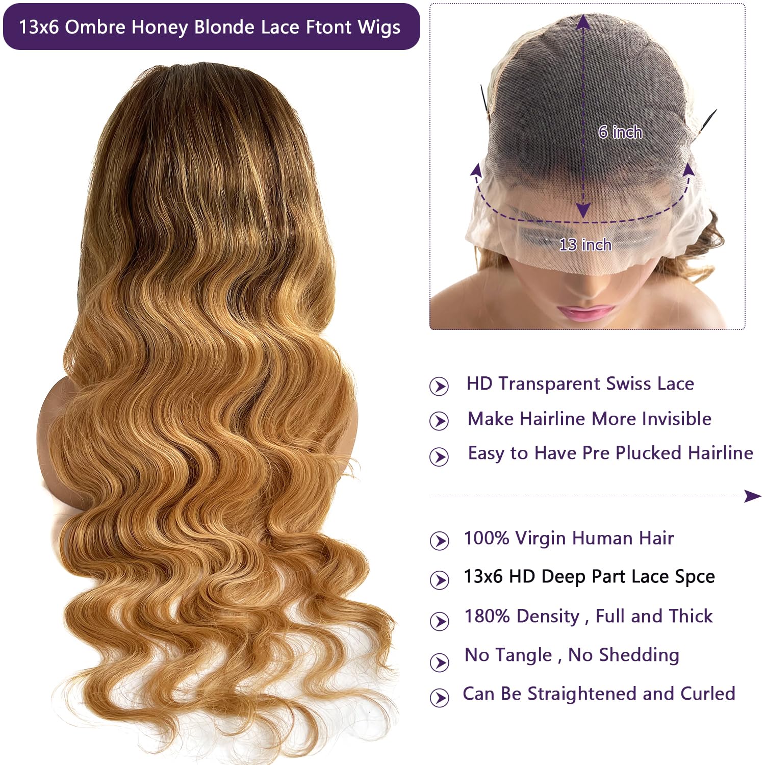 Body Wave Honey Blonde Wig Human Hair 13x6 Lace Front Wigs Human Hair 4T27 Brown Roots Blonde Wig Human Hair Pre Plucked 30 Inch Ombre Lace Front Wigs for Black Women 180% Density HD Lace Frontal Wig