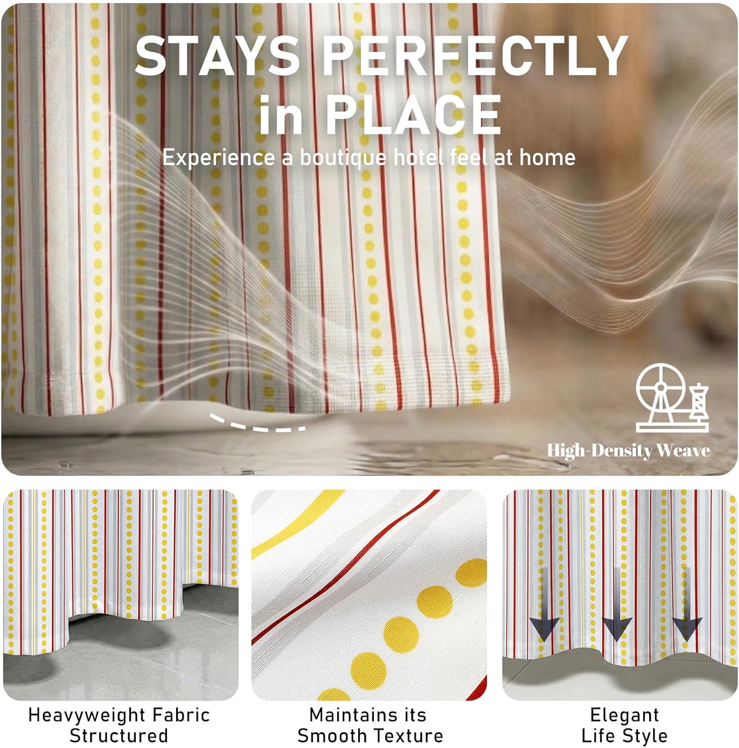 Geometric Shower Curtain for Bathroom – Modern Red & Grey Striped with Yellow Polka Dots Design – Heavy Duty Thick Fabric Bath Curtains, Waterproof & Weighted Hem, 12 Hooks Included (72" x 72")