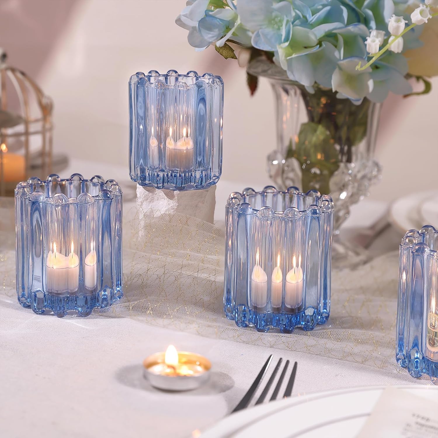 6 PCS Votive Candle Holder, Blue Glass Candle Holders, Tealight Candle Holder for Wedding Centerpieces Dinner Party Baby Shower Table Decor - Image 5