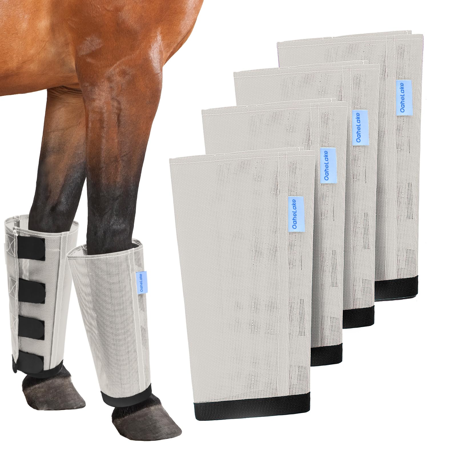 Mesh Horse Fly Boots Set of 4, Loose Fitting Leggings for Horses, Reduce Stressful Stomping, Breathable Adjustable and Universal Fit for 4 Legs, Reliable Stay Put (Silver White)