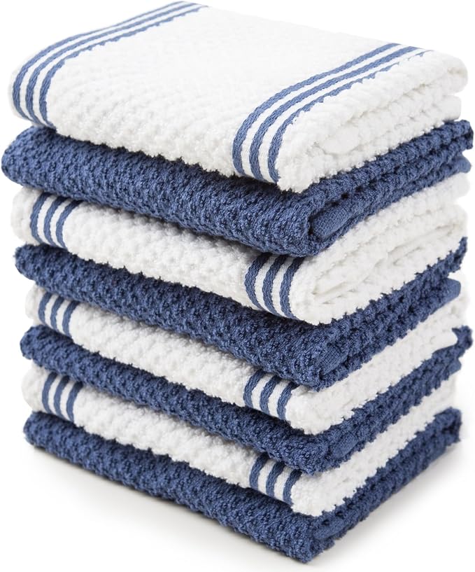 Kitchen Towels Dish Towels 100% Cotton, Set of 4, Dark Blue and White Hand Towels, Tea Towels, Reusable and Absorbent Cleaning Cloths, Oeko-Tex Cotton, 28 in x 16 in