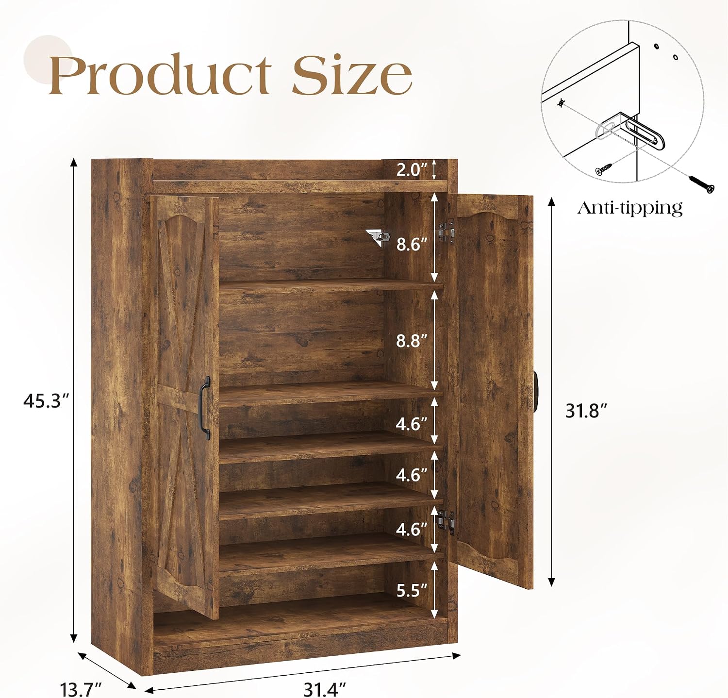 Farmhouse Shoe Storage Cabinet for Entryway, Wooden Shoe Rack Organizer with Adjustable Shelves & Barn Doors, Slim Tall Shoe Cupboard for Hallway, Foyer (Brown)