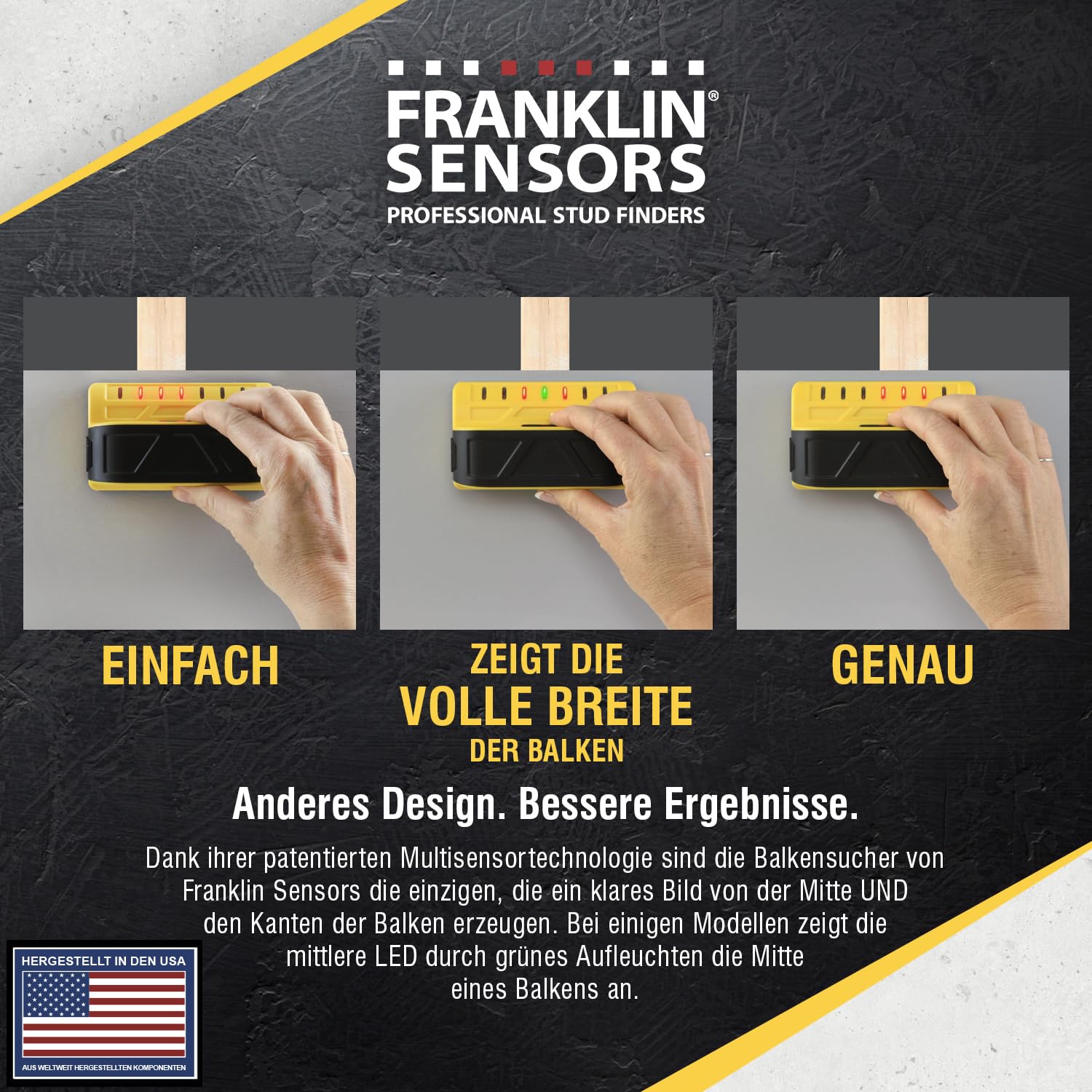 Franklin Sensors ProSensor M70 Professioneller Balkenfinder mit 7 Sensoren für höchste Genauigkeit erkennt Holz & Metallbolzen mit unglaublicher Geschwindigkeit, Gelb