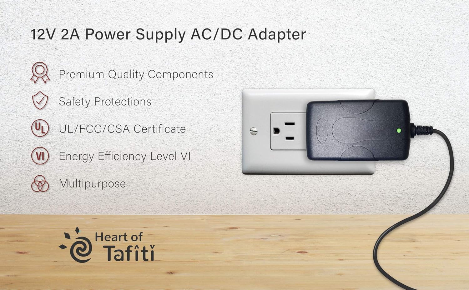 Heart of Tafiti AC Adapter 12 Volt 2A Power Supply AC to DC 2.1mm X 5.5mm Plug 12V 2Amps UL Listed Power Supply Wall Plug Extra Long 8 Feet Cord for Household Electronics, LED Strip, 24W Max - 4Pack: Electronics