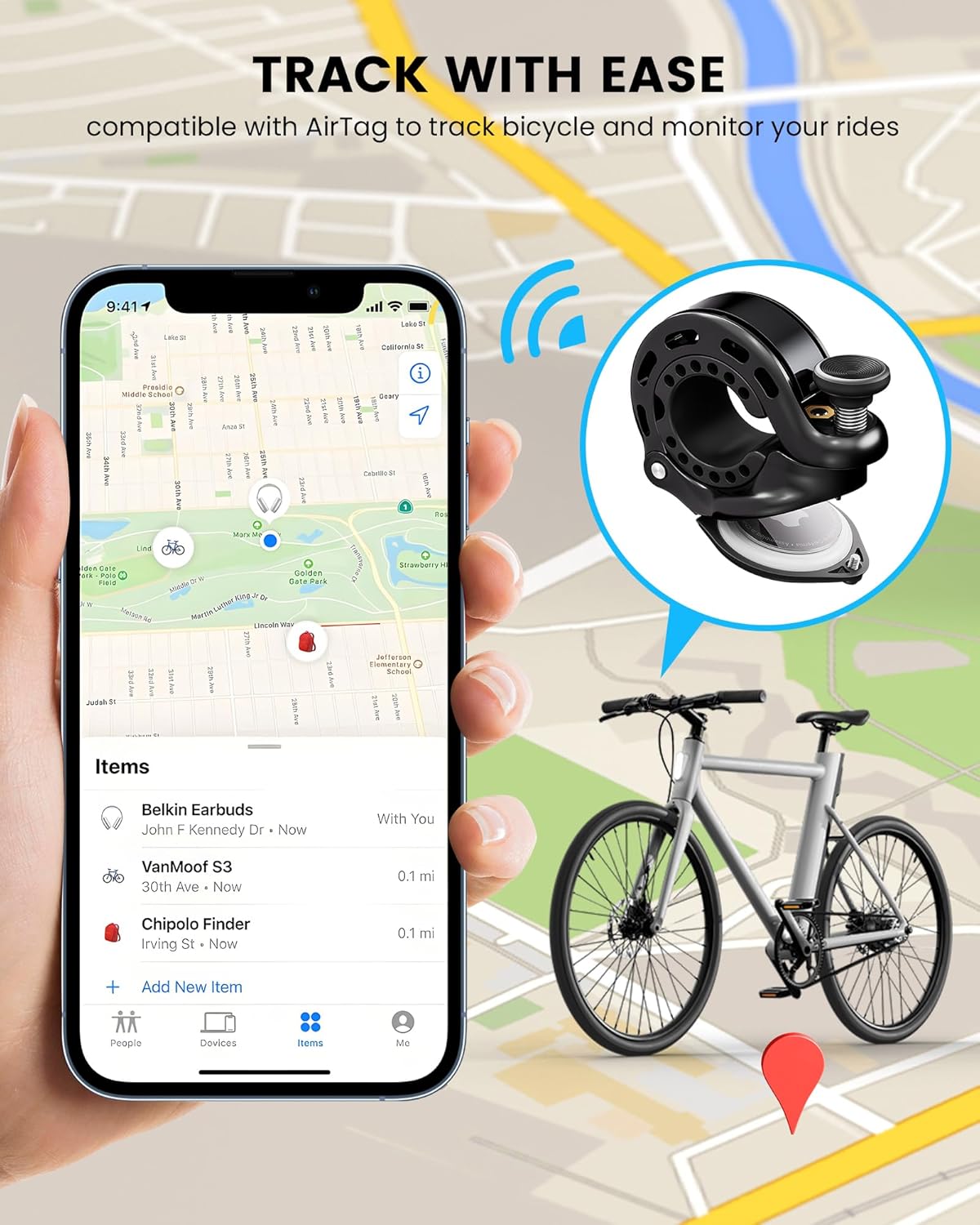 RAVEMEN Q2 Bike Bell components including the bell, hex wrench, and two anti-slip washers.