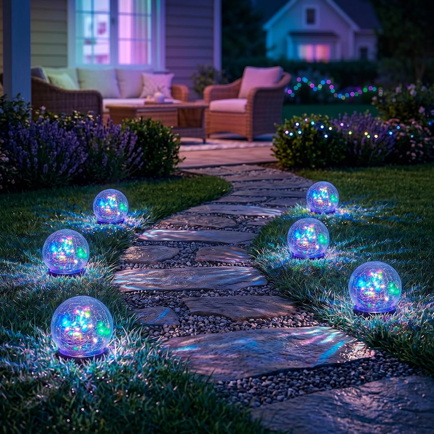 6 Pack Multicolor Solar Powered Cracked Glass Ball Lights Outdoor