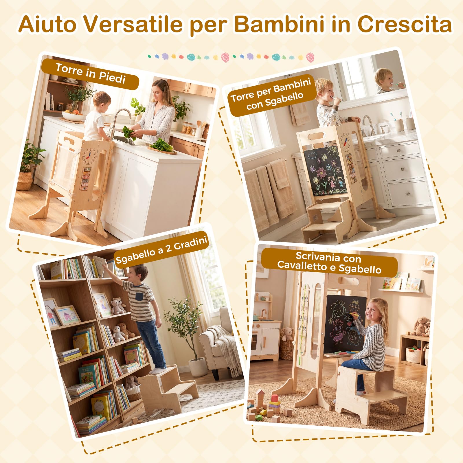 COSTWAY Torre Montessoriana Pieghevole per Bambini, Sgabello da Cucina in Legno con 2 Scalini e Rete Sicurezza, Torre di Apprendimento Montessoriana con Lavagna e Giochi Sensoriali per Bambini 3+ Anni