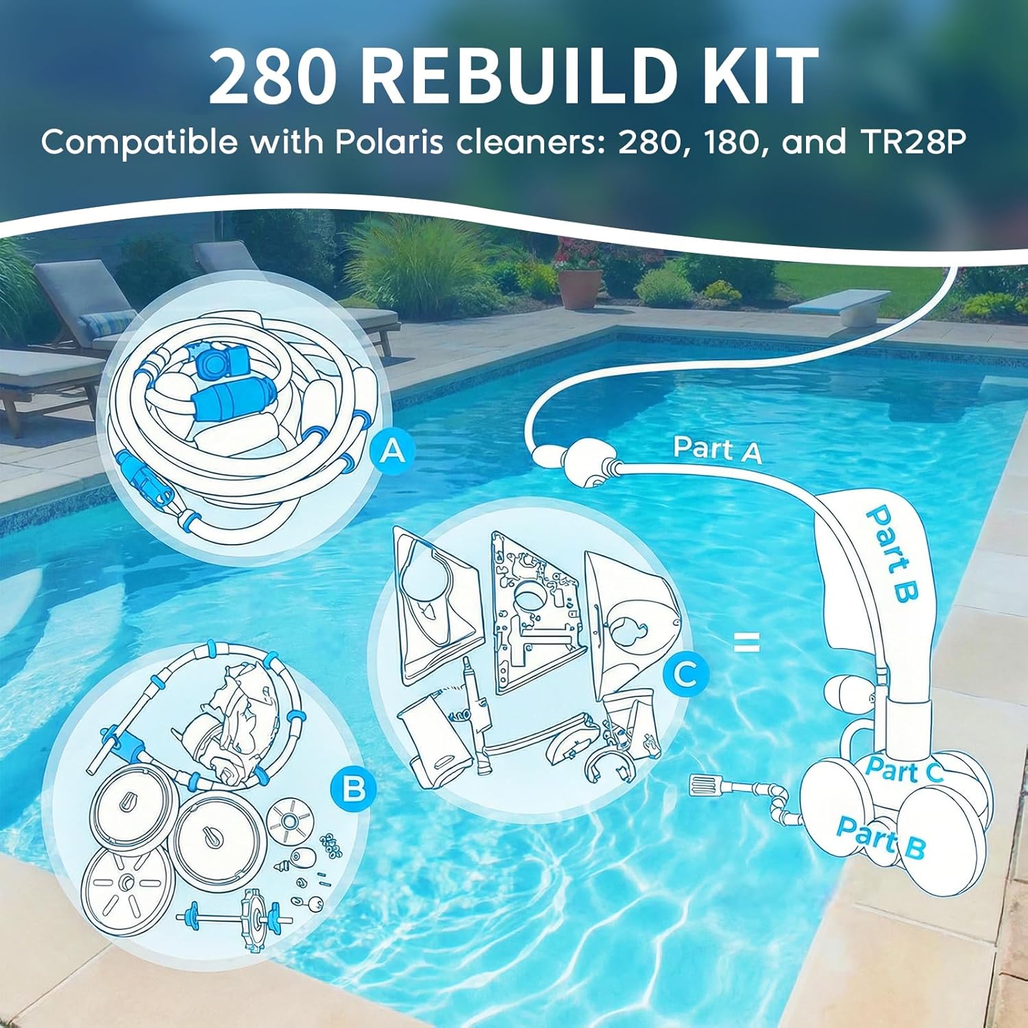 Upgraded Pool Cleaner Rebuild Repair Replacement Fit for Polaris Zo-diac Automatic 280 TR28P with Wheel, Tire, Drive Shaft, Turbine Bearing, All Purpoe Bag, Sweep Hose, Wheel Bearing, Tailsweep Pro